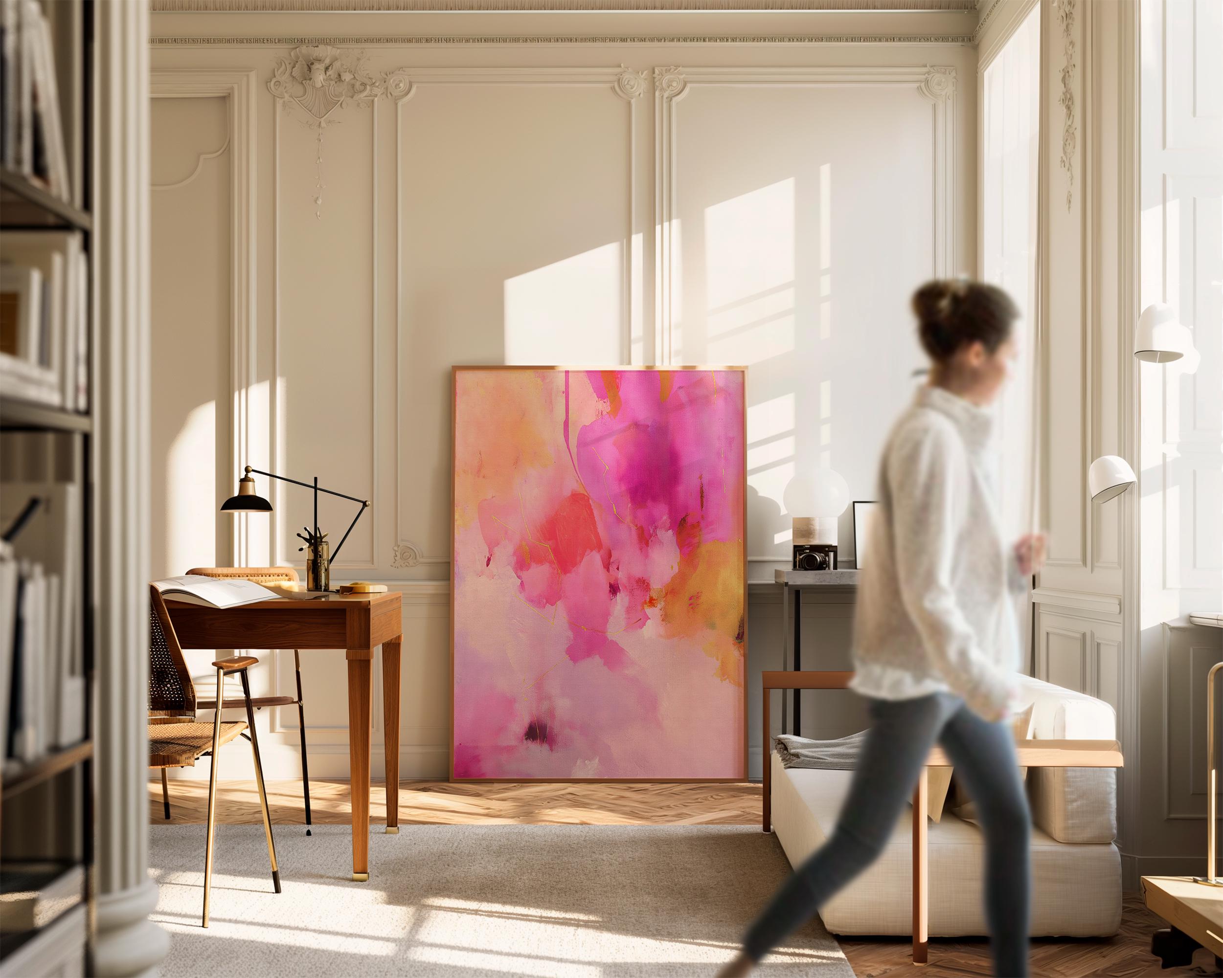 Abstract Vertical Canvas Art Pink and Gold Painting Large Framed Wall Art for Bedroom or Entry Soft Contemporary Modern Decor 476