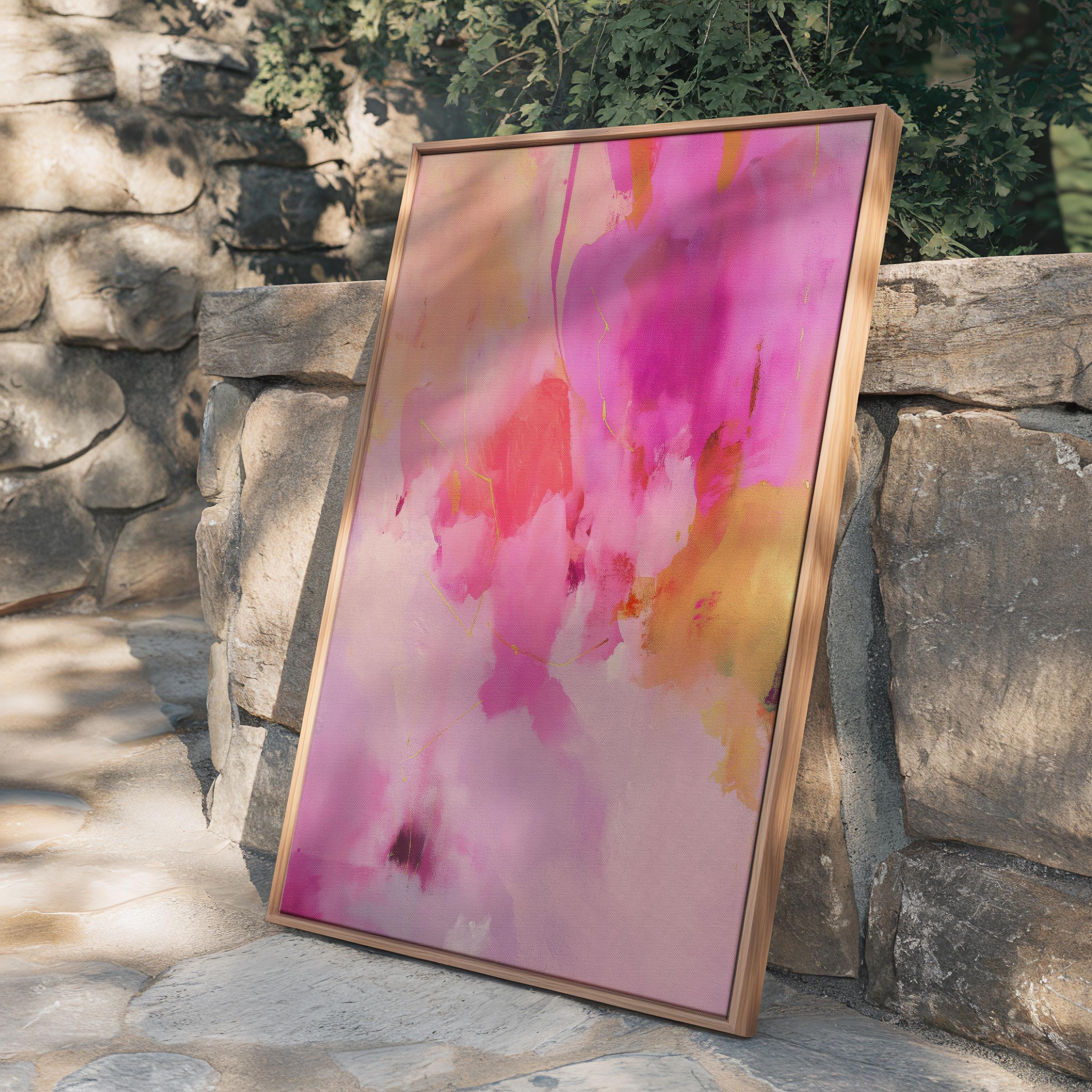 Abstract Vertical Canvas Art Pink and Gold Painting Large Framed Wall Art for Bedroom or Entry Soft Contemporary Modern Decor 476
