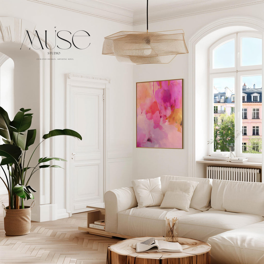 Abstract Vertical Canvas Art Pink and Gold Painting Large Framed Wall Art for Bedroom or Entry Soft Contemporary Modern Decor 476