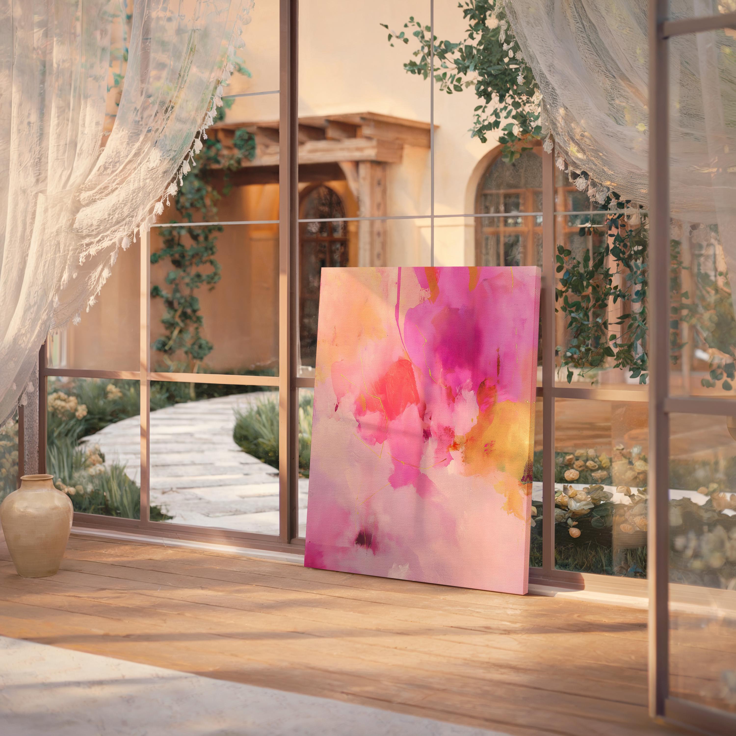 Large Pink Canvas Wall Art Vertical Abstract Painting in Blush and Gold Modern Soft Color Pop Decor for Bedroom or Above Bed Decor 476