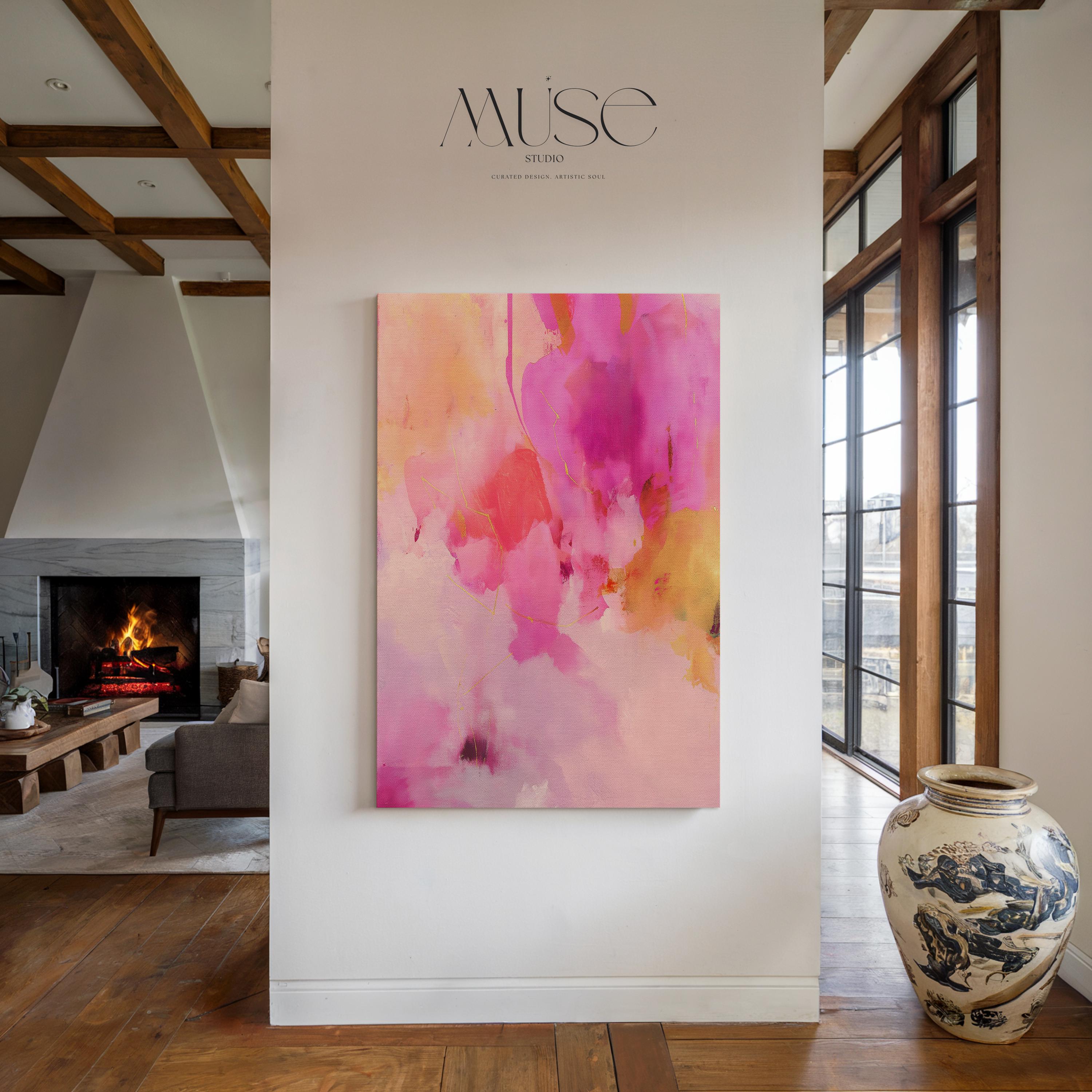 Large Pink Canvas Wall Art Vertical Abstract Painting in Blush and Gold Modern Soft Color Pop Decor for Bedroom or Above Bed Decor 476