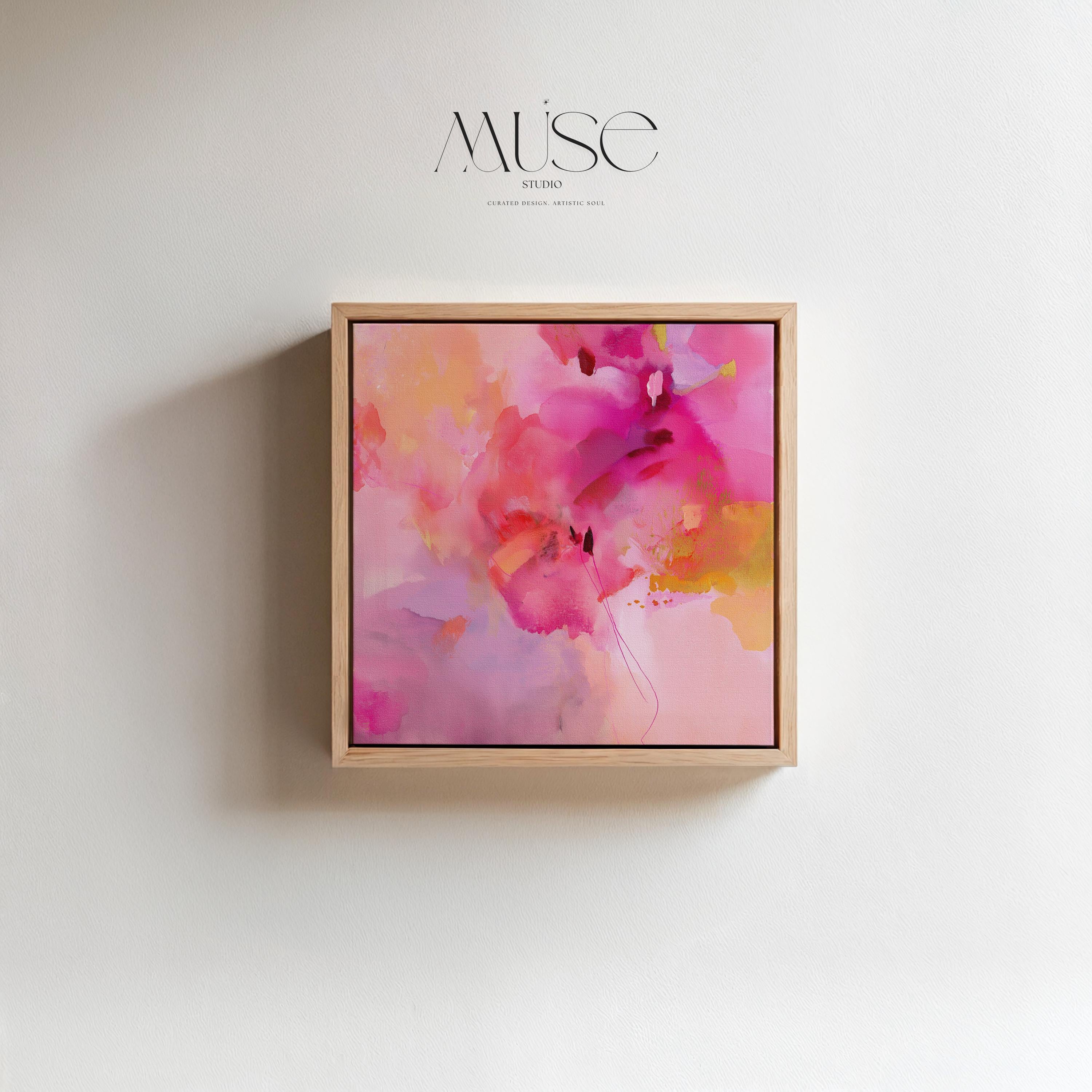 Bold Pink Abstract Canvas Wall Art in Fuchsia and Gold Square Modern Painting Warm Pastel Decor for Bedroom or Living Room Muse 475