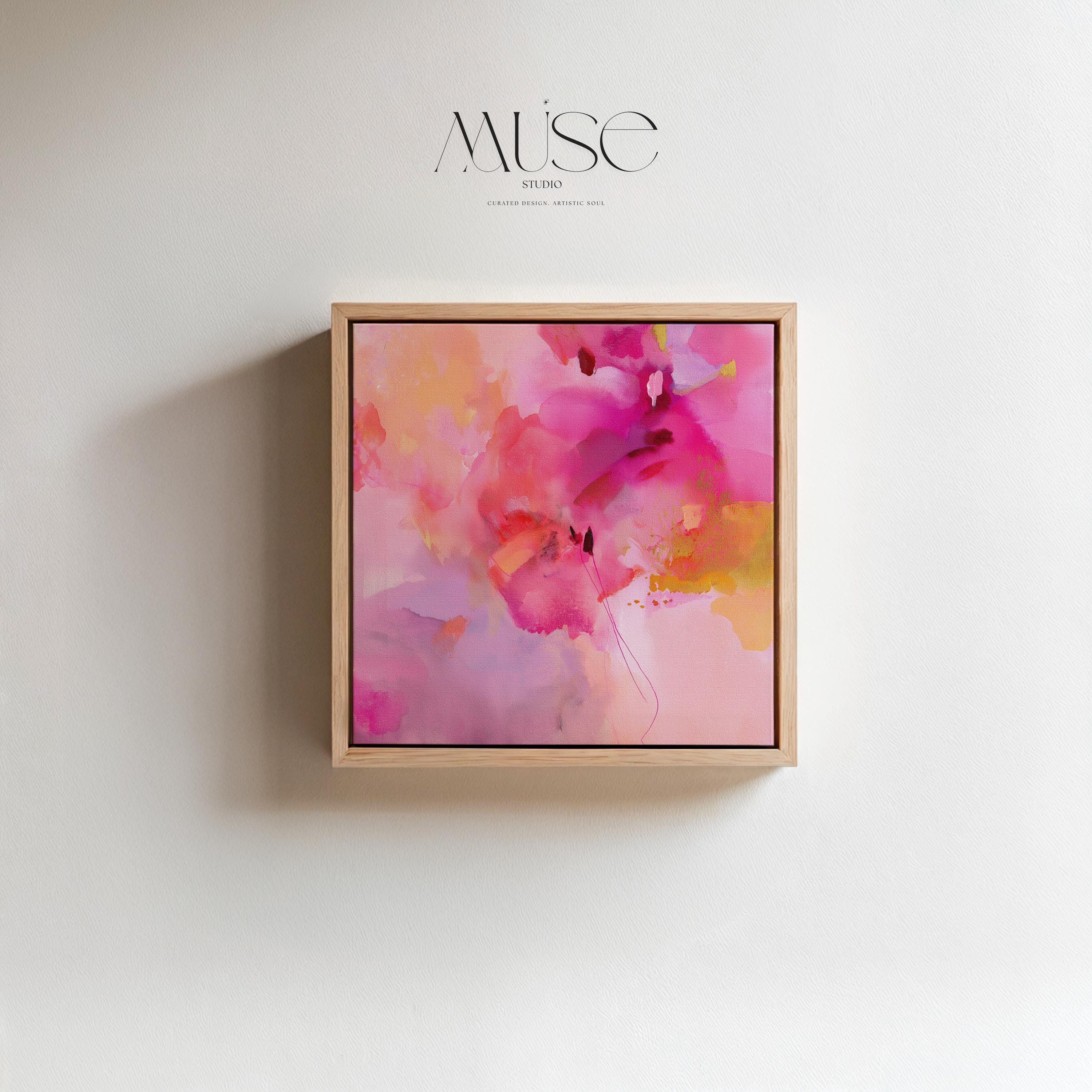 Bold Pink Abstract Canvas Wall Art in Fuchsia and Gold Square Modern Painting Warm Pastel Decor for Bedroom or Living Room Muse 475 Framed Canvas Art Colorful abstract wall art on framed canvas, perfect for bold decor art and modern wall decor. Large statement piece with expressive brushstrokes and rich textures. Ready-to-hang giclée canvas designed to energize living rooms, offices, bedrooms and curated interiors. Muse Studio Decor Art.