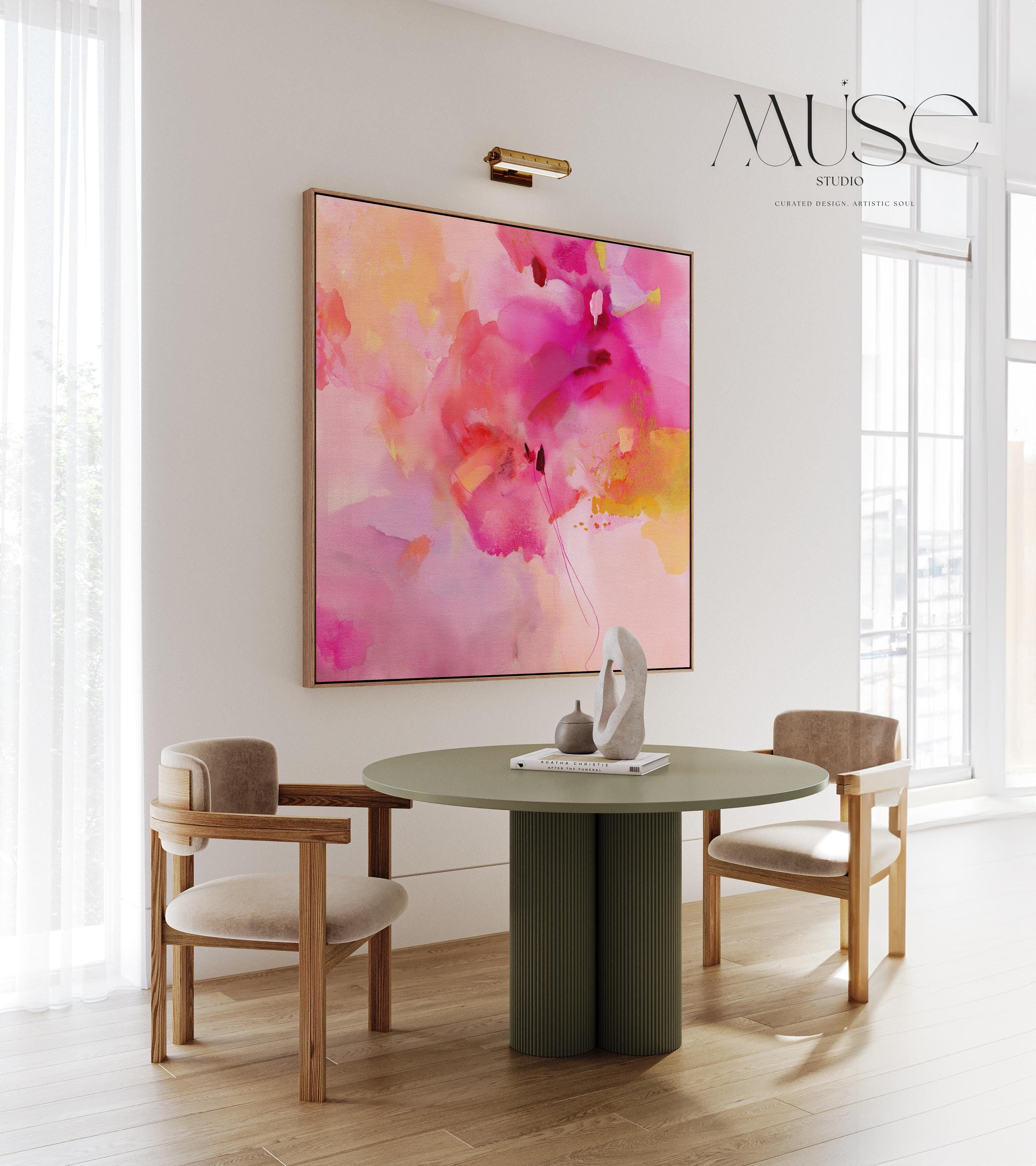 Bold Pink Abstract Canvas Wall Art in Fuchsia and Gold Square Modern Painting Warm Pastel Decor for Bedroom or Living Room Muse 475 Framed Canvas Art Colorful abstract wall art on framed canvas, perfect for bold decor art and modern wall decor. Large statement piece with expressive brushstrokes and rich textures. Ready-to-hang giclée canvas designed to energize living rooms, offices, bedrooms and curated interiors. Muse Studio Decor Art.