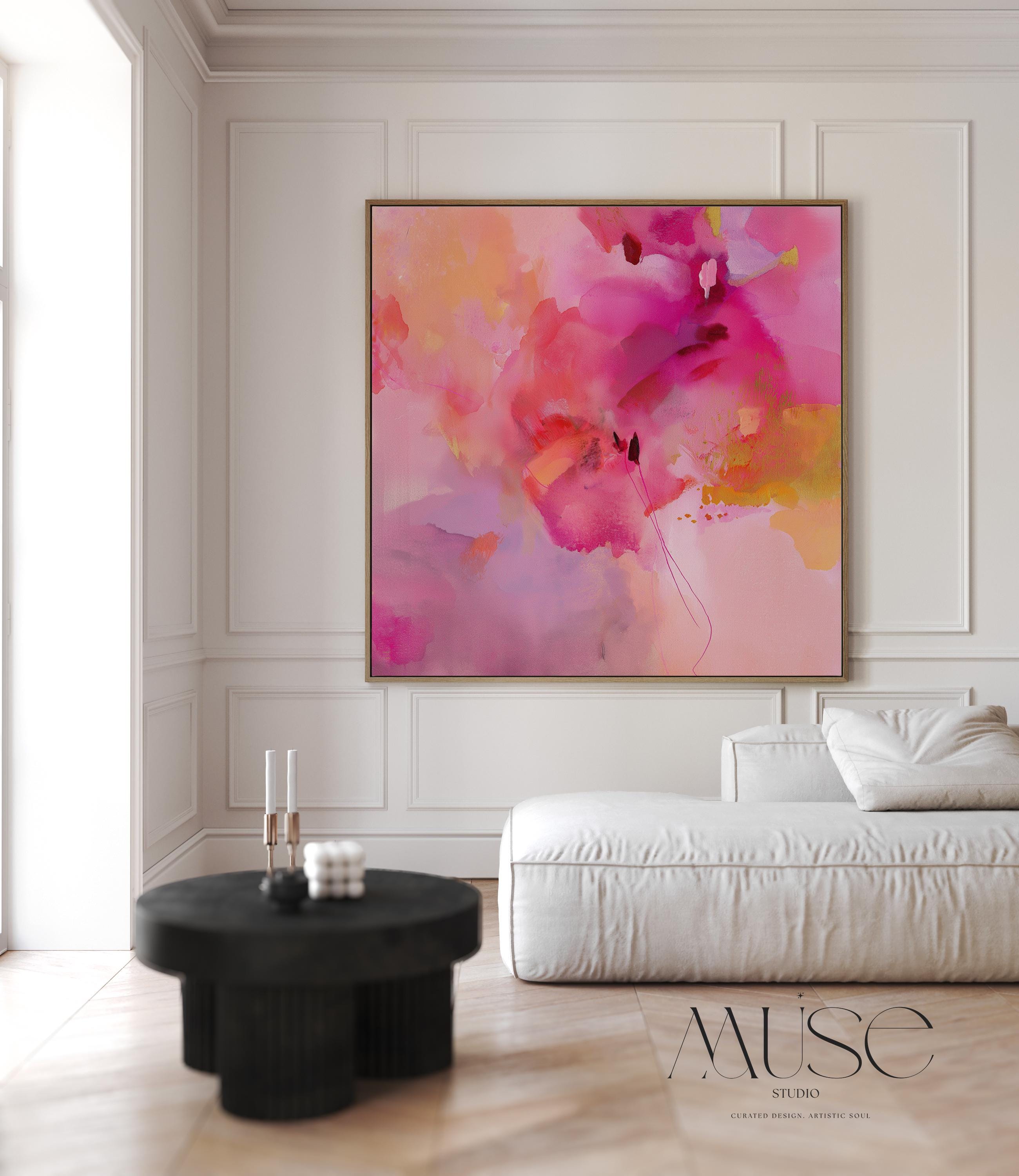 Bold Pink Abstract Canvas Wall Art in Fuchsia and Gold Square Modern Painting Warm Pastel Decor for Bedroom or Living Room Muse 475