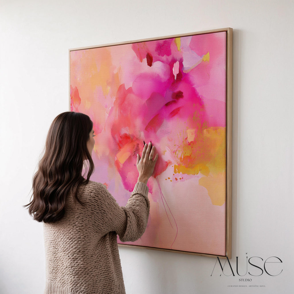 Bold Pink Abstract Canvas Wall Art in Fuchsia and Gold Square Modern Painting Warm Pastel Decor for Bedroom or Living Room Muse 475