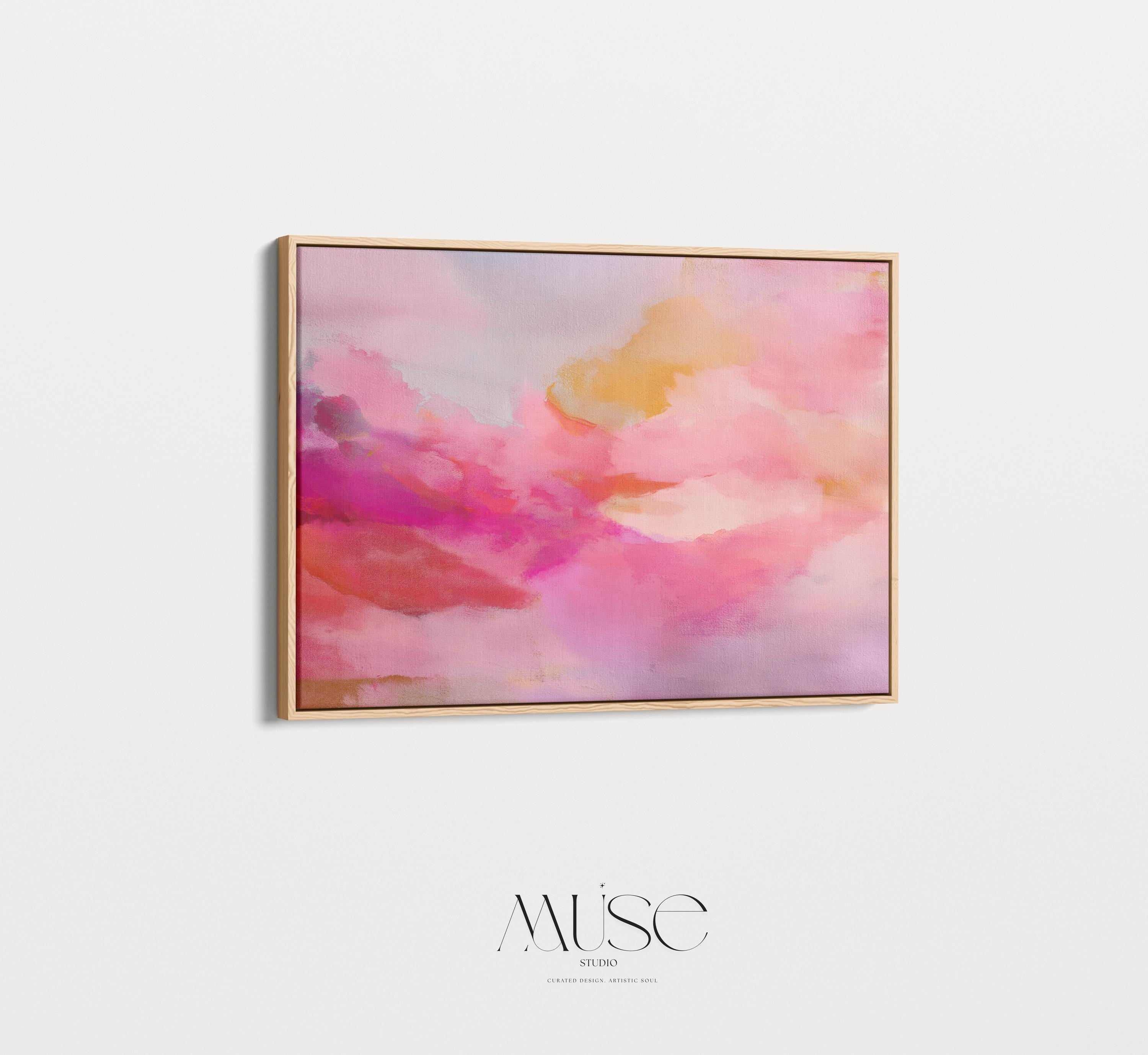 Blush Pink Abstract Canvas Wall Art Horizontal Sunset Painting in Peach and Fuchsia for Bedroom or Above Bed Soft Horizon Decor Muse 477 Framed Canvas Art Colorful abstract wall art on framed canvas, perfect for bold decor art and modern wall decor. Large statement piece with expressive brushstrokes and rich textures. Ready-to-hang giclée canvas designed to energize living rooms, offices, bedrooms and curated interiors. Muse Studio Decor Art.