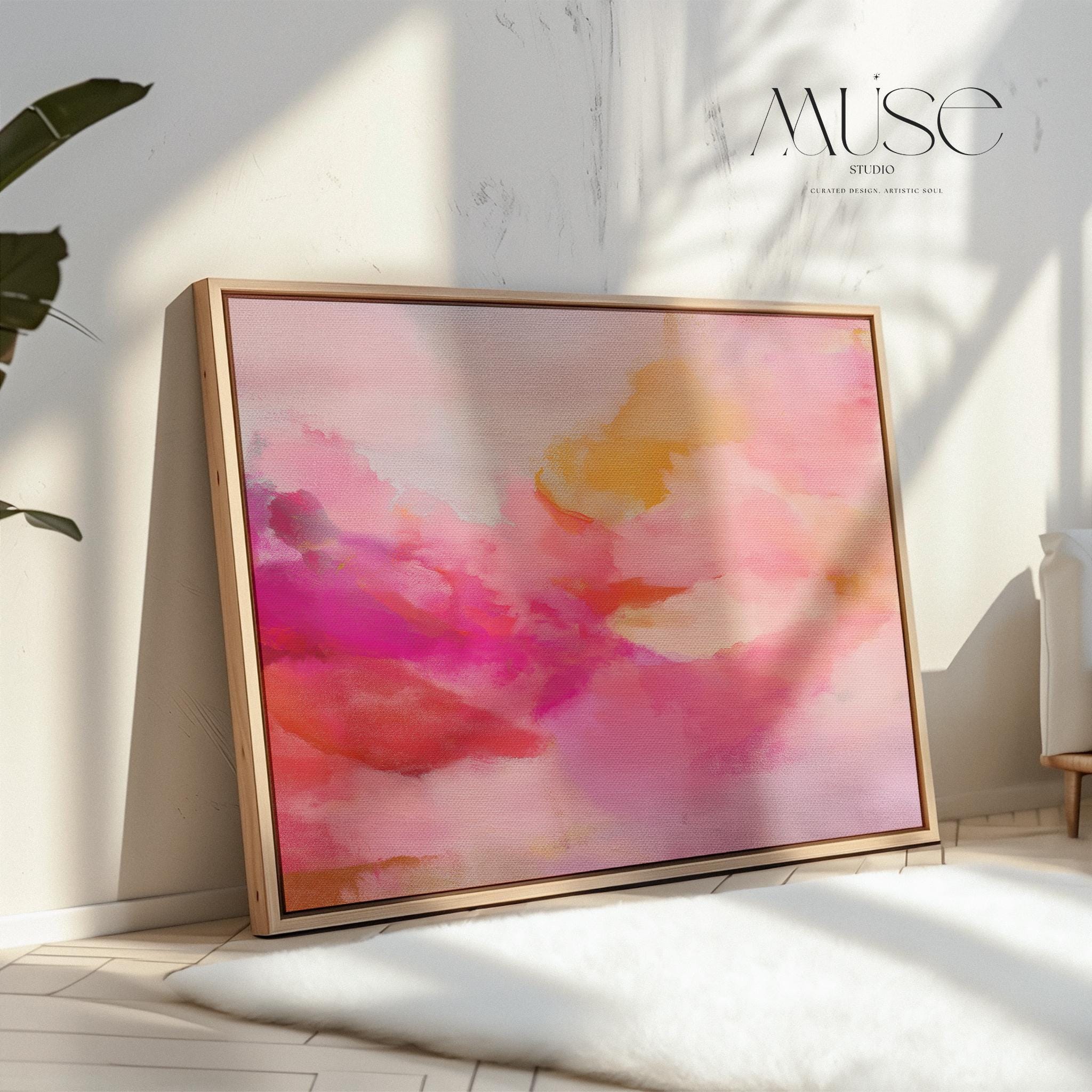 Blush Pink Abstract Canvas Wall Art Horizontal Sunset Painting in Peach and Fuchsia for Bedroom or Above Bed Soft Horizon Decor Muse 477 Framed Canvas Art Colorful abstract wall art on framed canvas, perfect for bold decor art and modern wall decor. Large statement piece with expressive brushstrokes and rich textures. Ready-to-hang giclée canvas designed to energize living rooms, offices, bedrooms and curated interiors. Muse Studio Decor Art.
