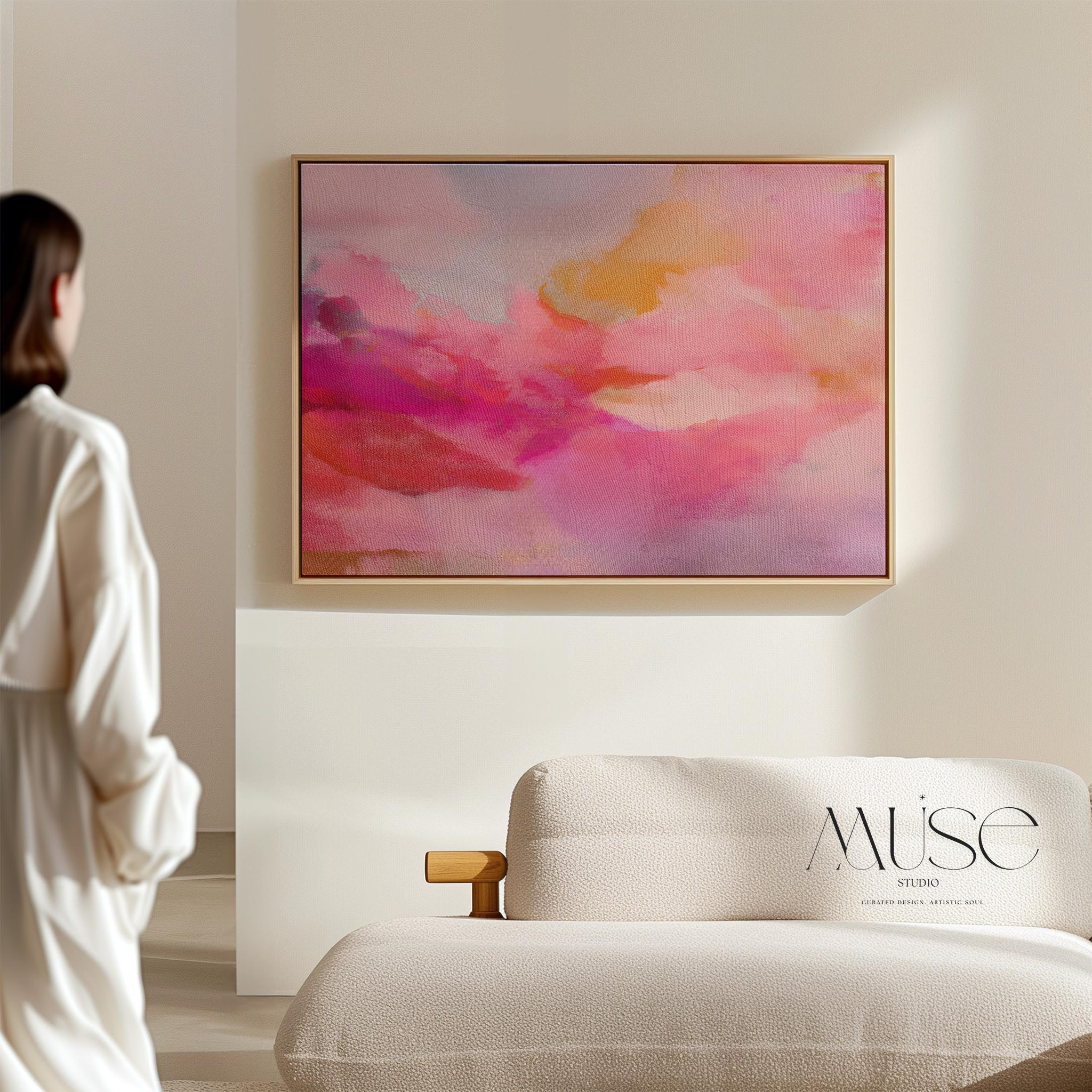 Blush Pink Abstract Canvas Wall Art Horizontal Sunset Painting in Peach and Fuchsia for Bedroom or Above Bed Soft Horizon Decor Muse 477 Framed Canvas Art Colorful abstract wall art on framed canvas, perfect for bold decor art and modern wall decor. Large statement piece with expressive brushstrokes and rich textures. Ready-to-hang giclée canvas designed to energize living rooms, offices, bedrooms and curated interiors. Muse Studio Decor Art.