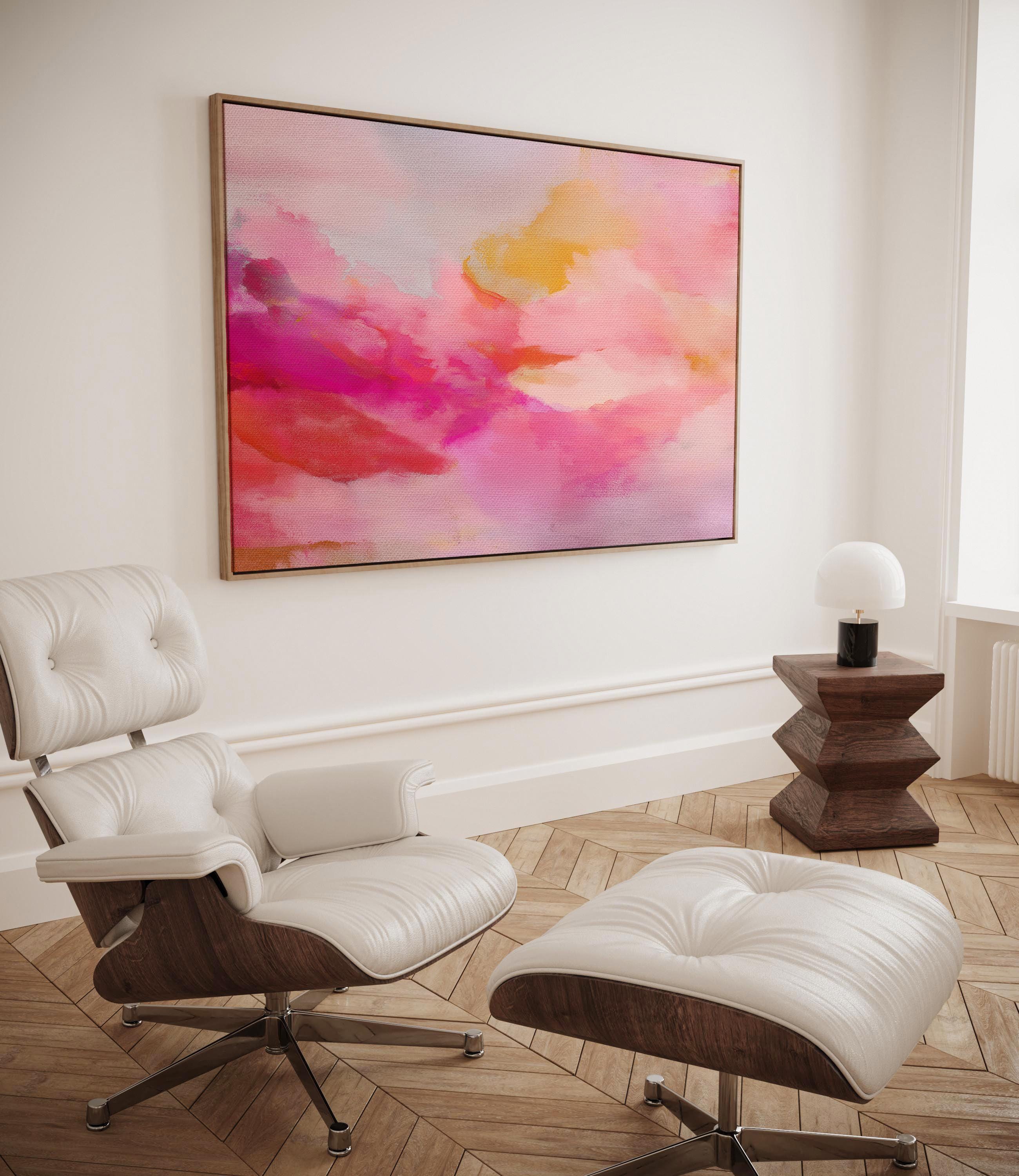 Blush Pink Abstract Canvas Wall Art Horizontal Sunset Painting in Peach and Fuchsia for Bedroom or Above Bed Soft Horizon Decor Muse 477 Framed Canvas Art Colorful abstract wall art on framed canvas, perfect for bold decor art and modern wall decor. Large statement piece with expressive brushstrokes and rich textures. Ready-to-hang giclée canvas designed to energize living rooms, offices, bedrooms and curated interiors. Muse Studio Decor Art.