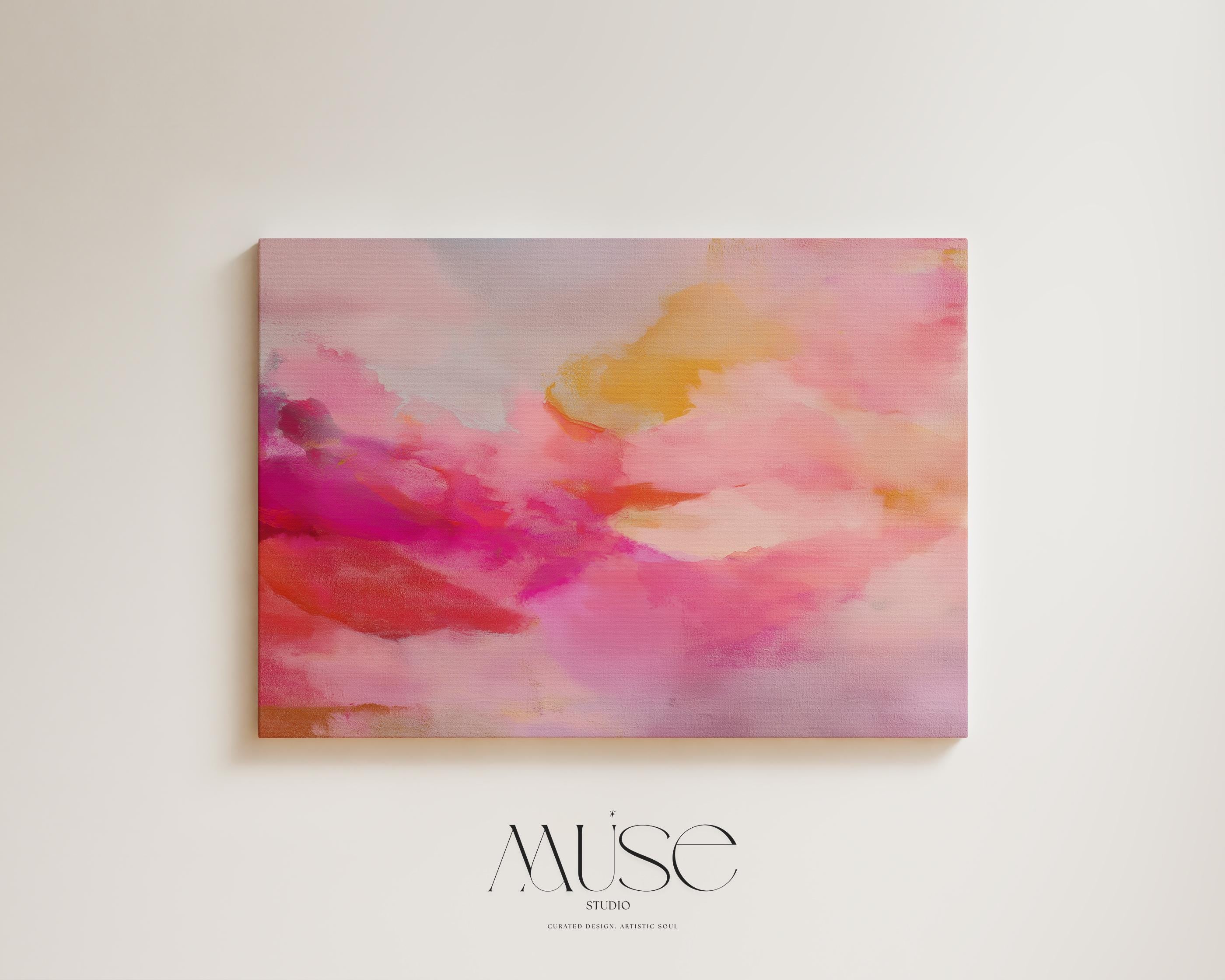 Large horizontal stretched canvas wall art in soft pink, golden orange, and warm blush tones. Features an abstract pastel cloudscape with painterly textures. Ideal for dreamy bedrooms, cozy studios, or soft contemporary interiors. Offered as gallery-wrapped canvas or with optional wood floating frame. From the Pink & Blush Wall Art collection by Muse Studio. Available in multiple large-format sizes for statement decor.