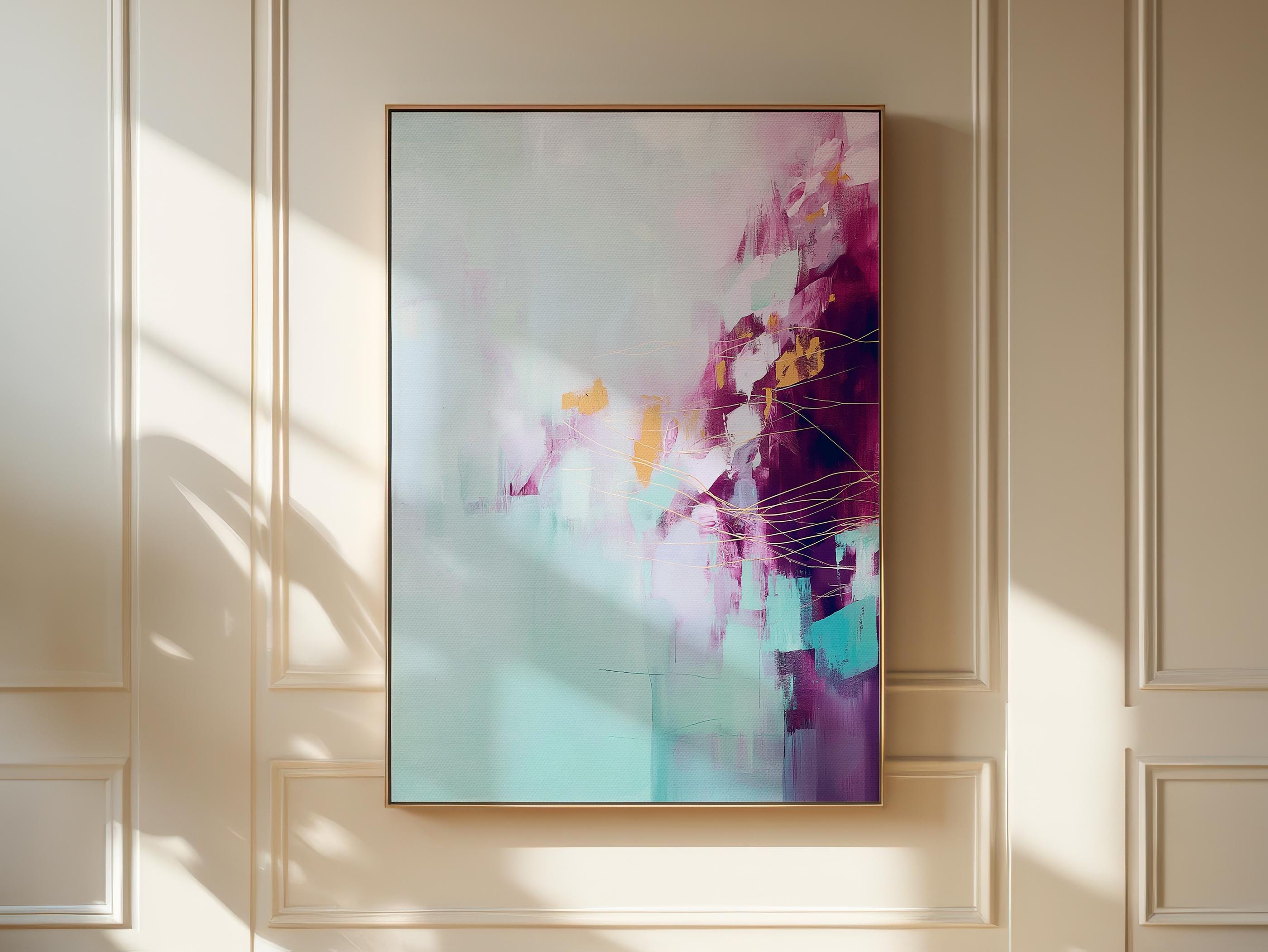Framed Wall Art Vertical Abstract Violet and Aqua Canvas Bold Soft Spring Botanical Painting Bedroom Entry or Above Bed Modern Decor Art 480