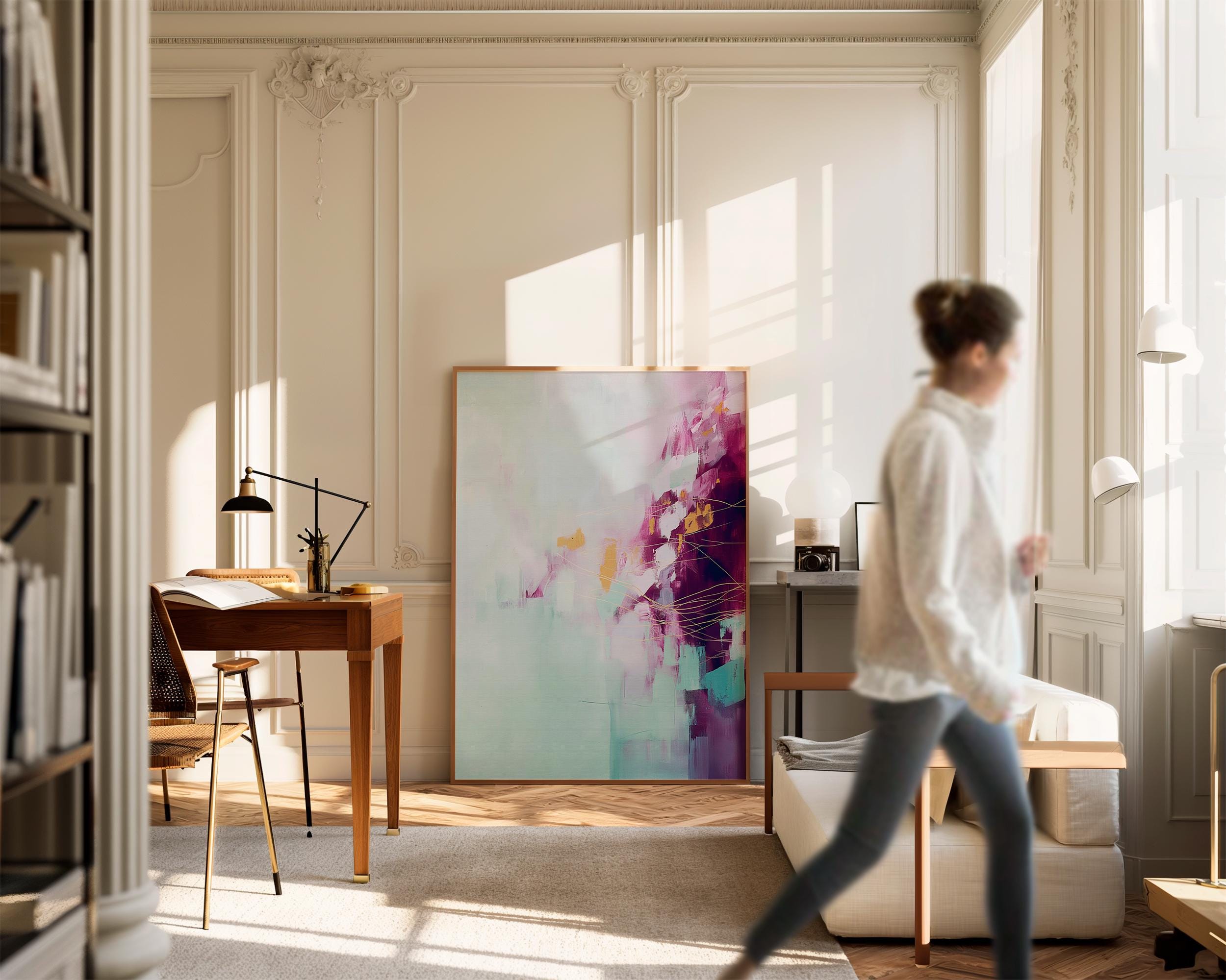 Framed Wall Art Vertical Abstract Violet and Aqua Canvas Bold Soft Spring Botanical Painting Bedroom Entry or Above Bed Modern Decor Art 480