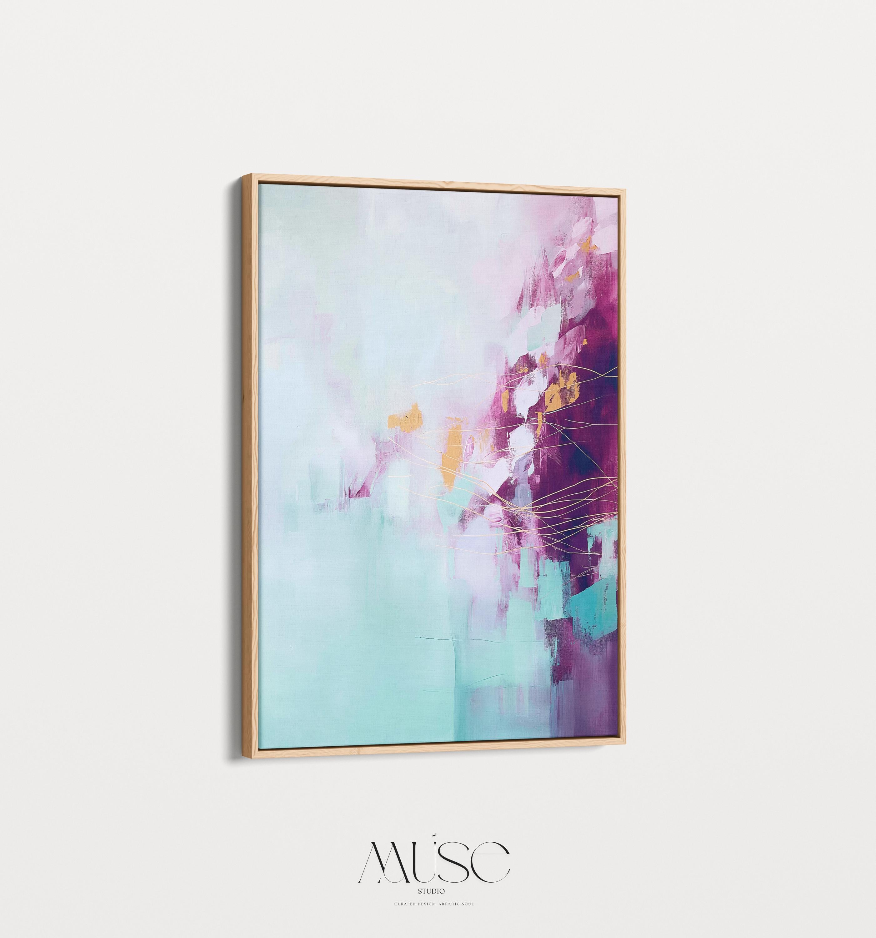 Framed Wall Art Vertical Abstract Violet and Aqua Canvas Bold Soft Spring Botanical Painting Bedroom Entry or Above Bed Modern Decor Art 480