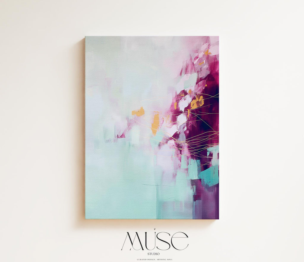Calm Botanical Abstract Wall Art in Plum and Aqua Vertical Canvas Whimsical Pastel Spring Decor for Bedroom Above Bed or Office 480