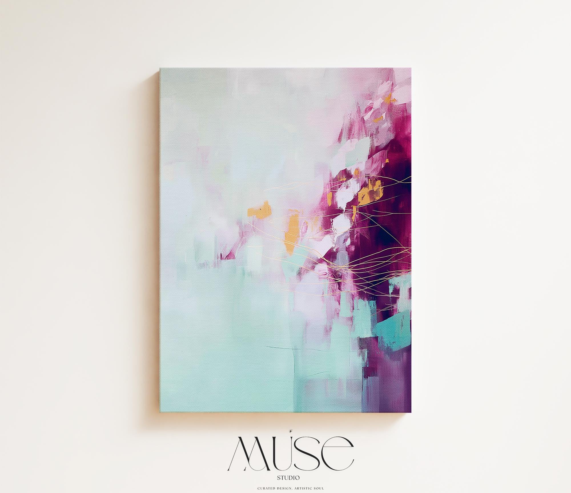 Calm Botanical Abstract Wall Art in Plum and Aqua Vertical Canvas Whimsical Pastel Spring Decor for Bedroom Above Bed or Office 480