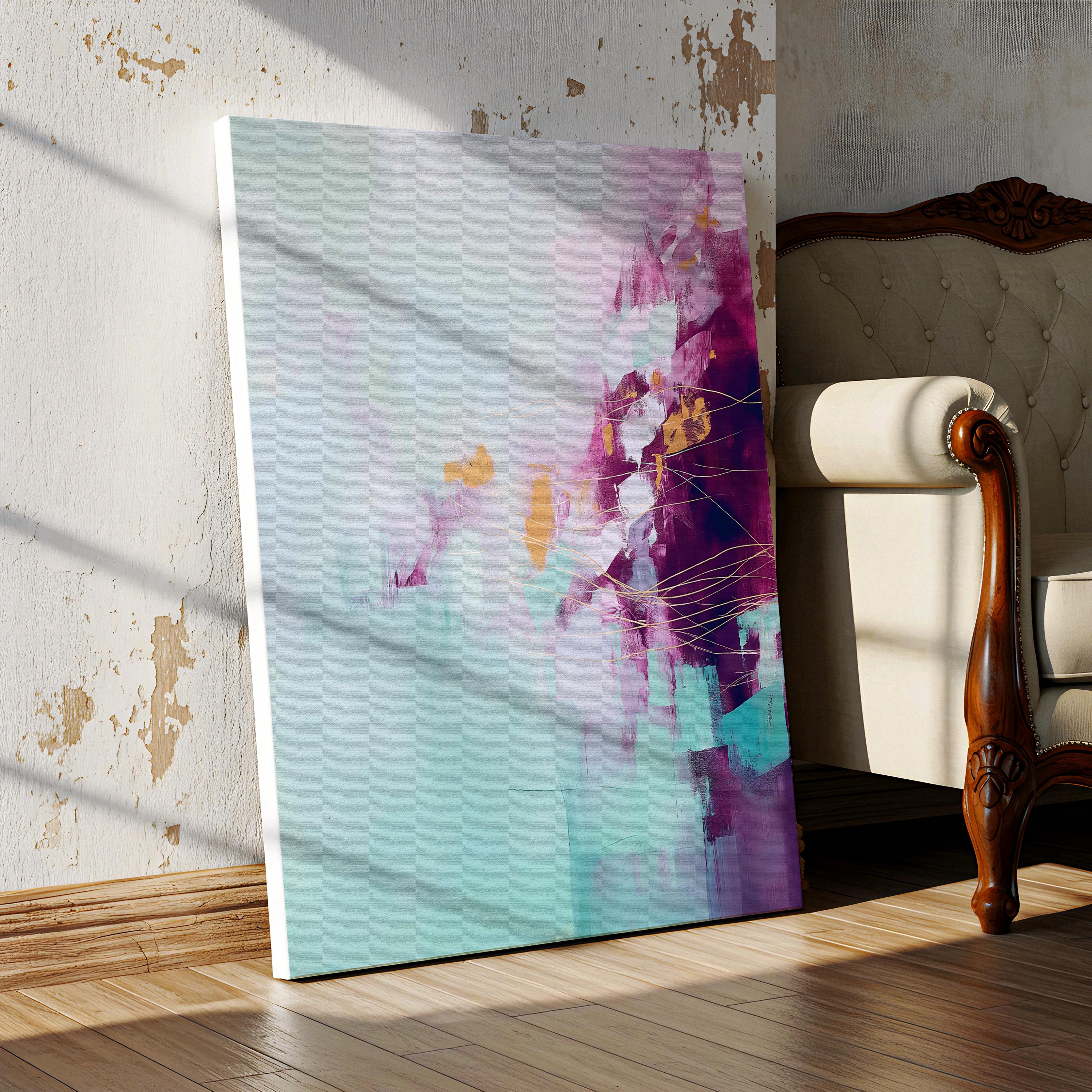 Calm Botanical Abstract Wall Art in Plum and Aqua Vertical Canvas Whimsical Pastel Spring Decor for Bedroom Above Bed or Office 480