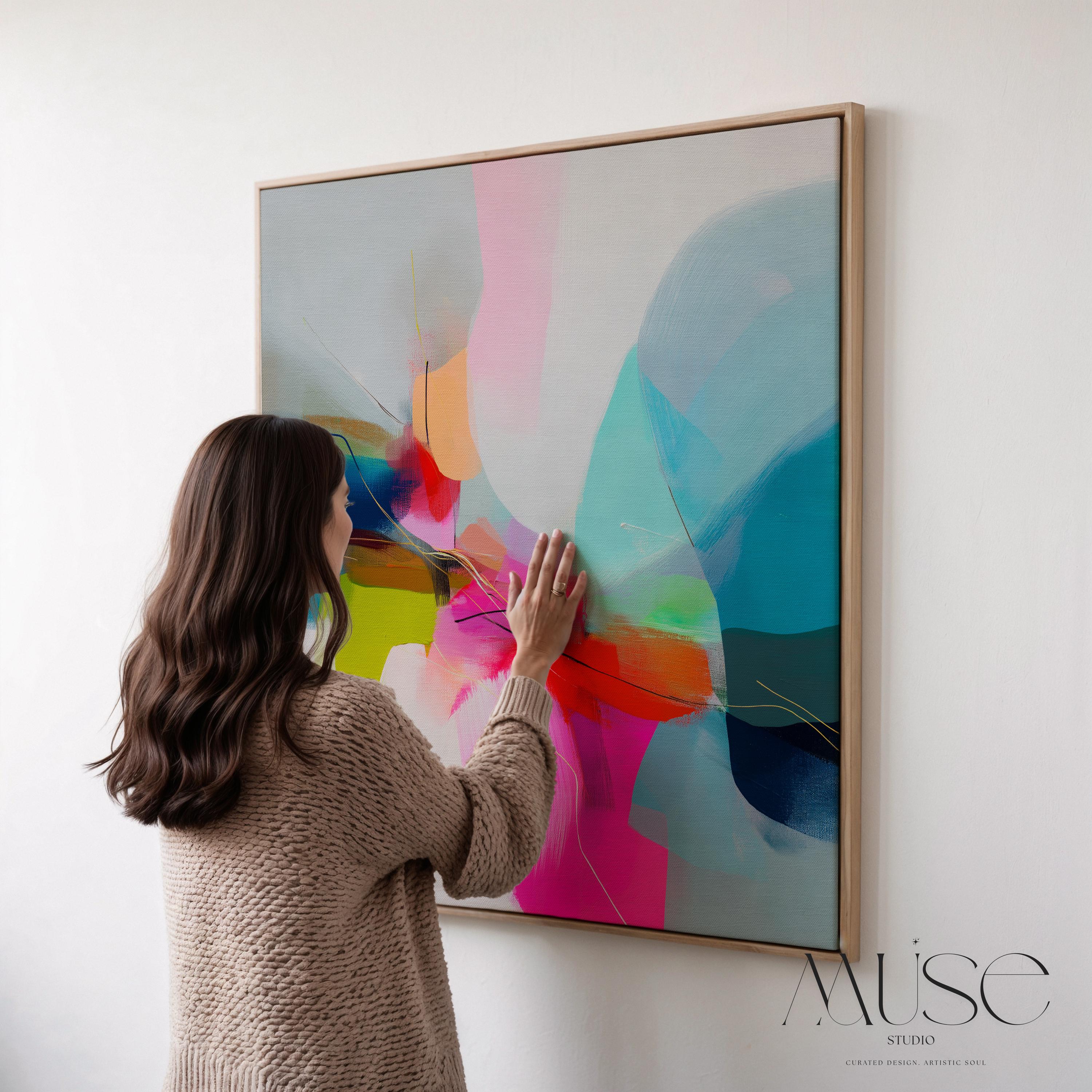 Retro Abstract Wall Art Teal Pink Orange Framed Canvas Color Pop Glam Decor Bold Modern Painting Living Room Statement Art 481