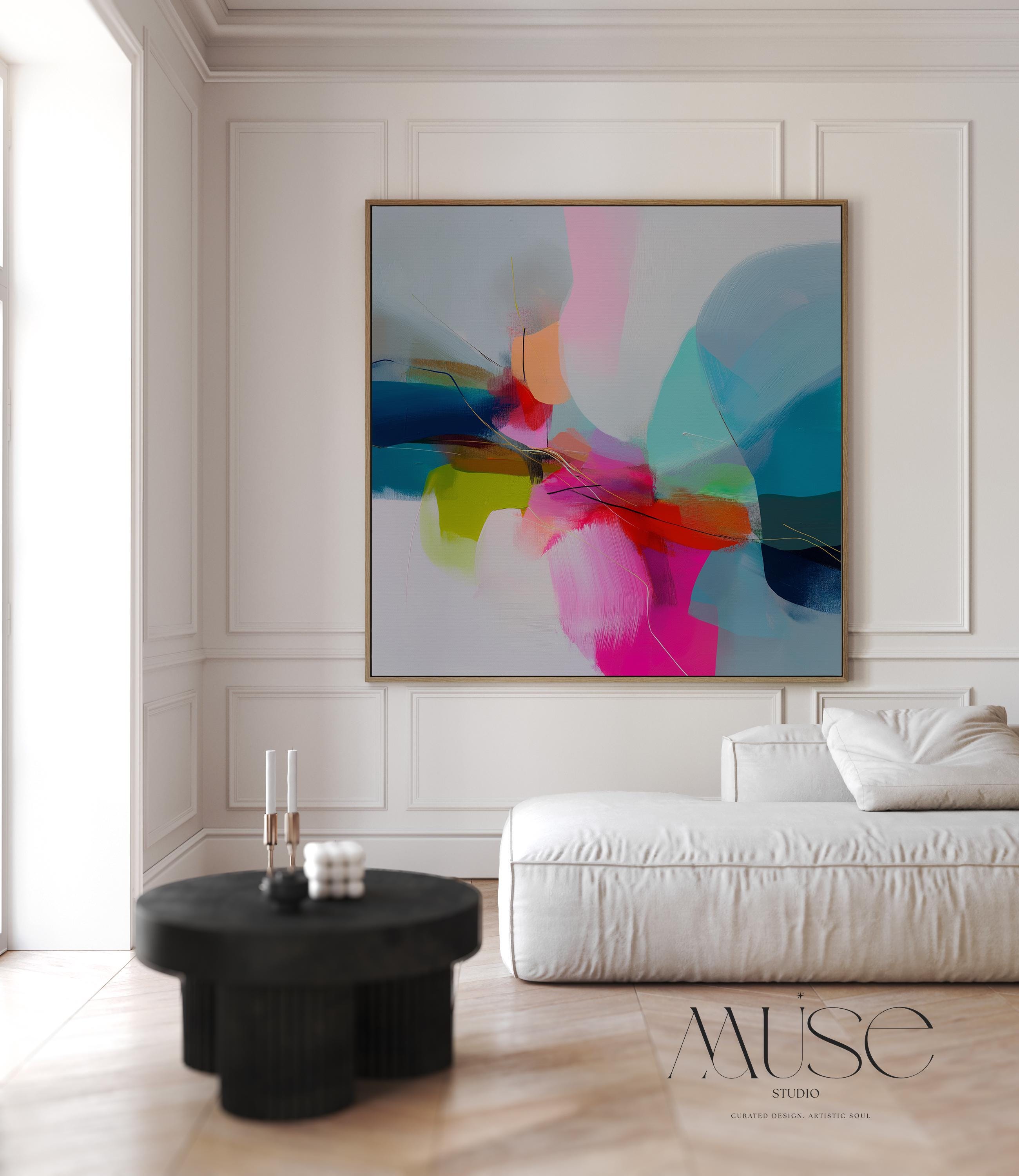 Large Colorful Abstract Canvas Art Pink Teal Orange Retro Glam Decor Statement Modern Wall Art for Living Room Dorm or Office 481