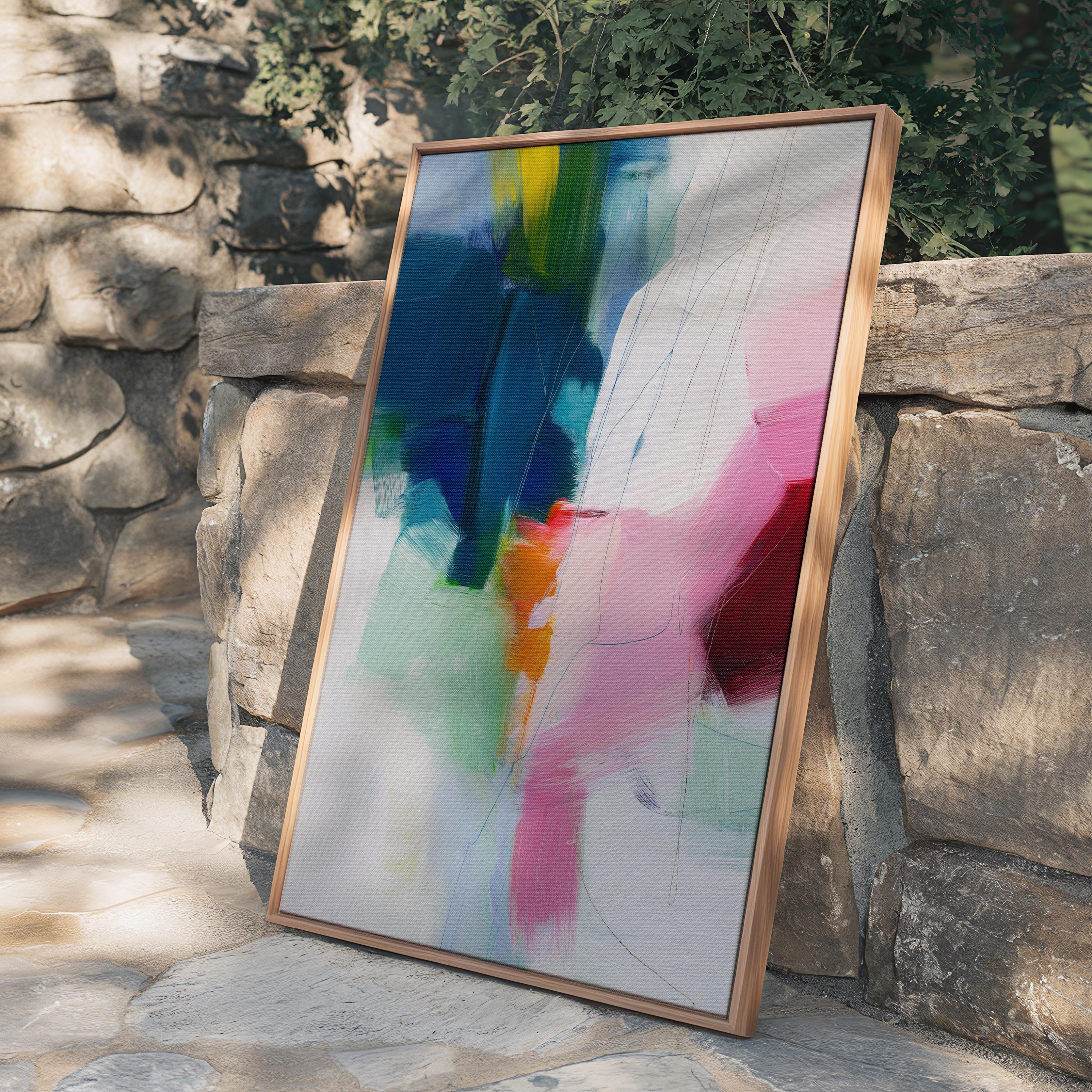 Framed vertical abstract canvas in a bold preppy style with rich navy, blush pink, coral orange, and soft mint. Contemporary painterly texture with expressive brushwork and linear detailing. Ideal for interior designers and stylists seeking statement wall art with a fresh, high-contrast palette. Vertical format styled for modern bedrooms, offices, or boutique interiors.