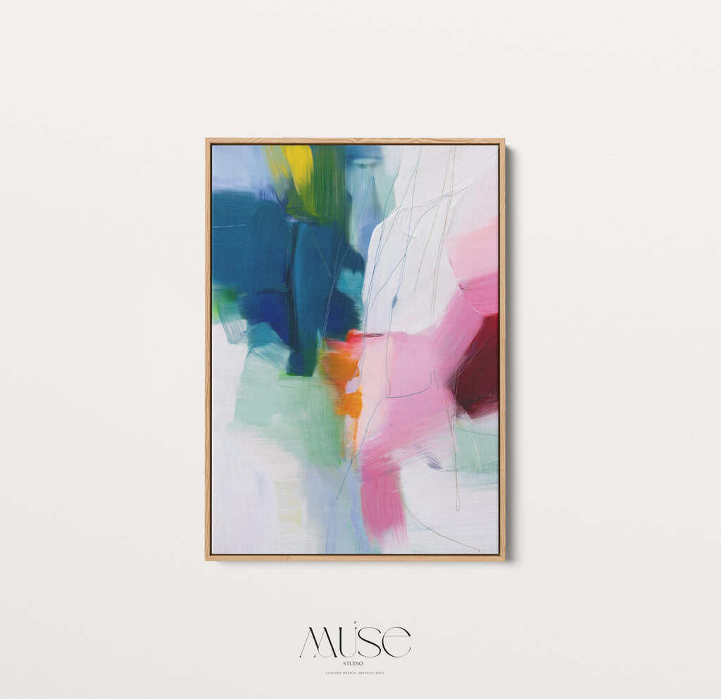 Framed vertical abstract canvas in a bold preppy style with rich navy, blush pink, coral orange, and soft mint. Contemporary painterly texture with expressive brushwork and linear detailing. Ideal for interior designers and stylists seeking statement wall art with a fresh, high-contrast palette. Vertical format styled for modern bedrooms, offices, or boutique interiors.
