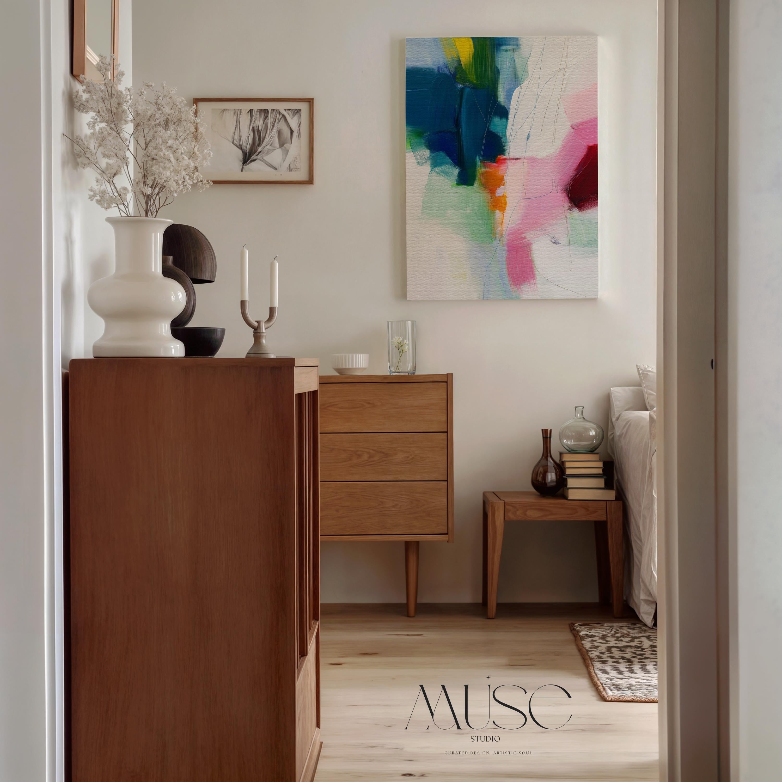 Bold vertical canvas wall art featuring an abstract composition of navy, hot pink, coral, mint, and orange. Expressive brushstrokes and dynamic texture create a preppy contemporary aesthetic ideal for designers and modern interiors. Styled for vertical placement in offices, bedrooms, or colorful wall vignettes.