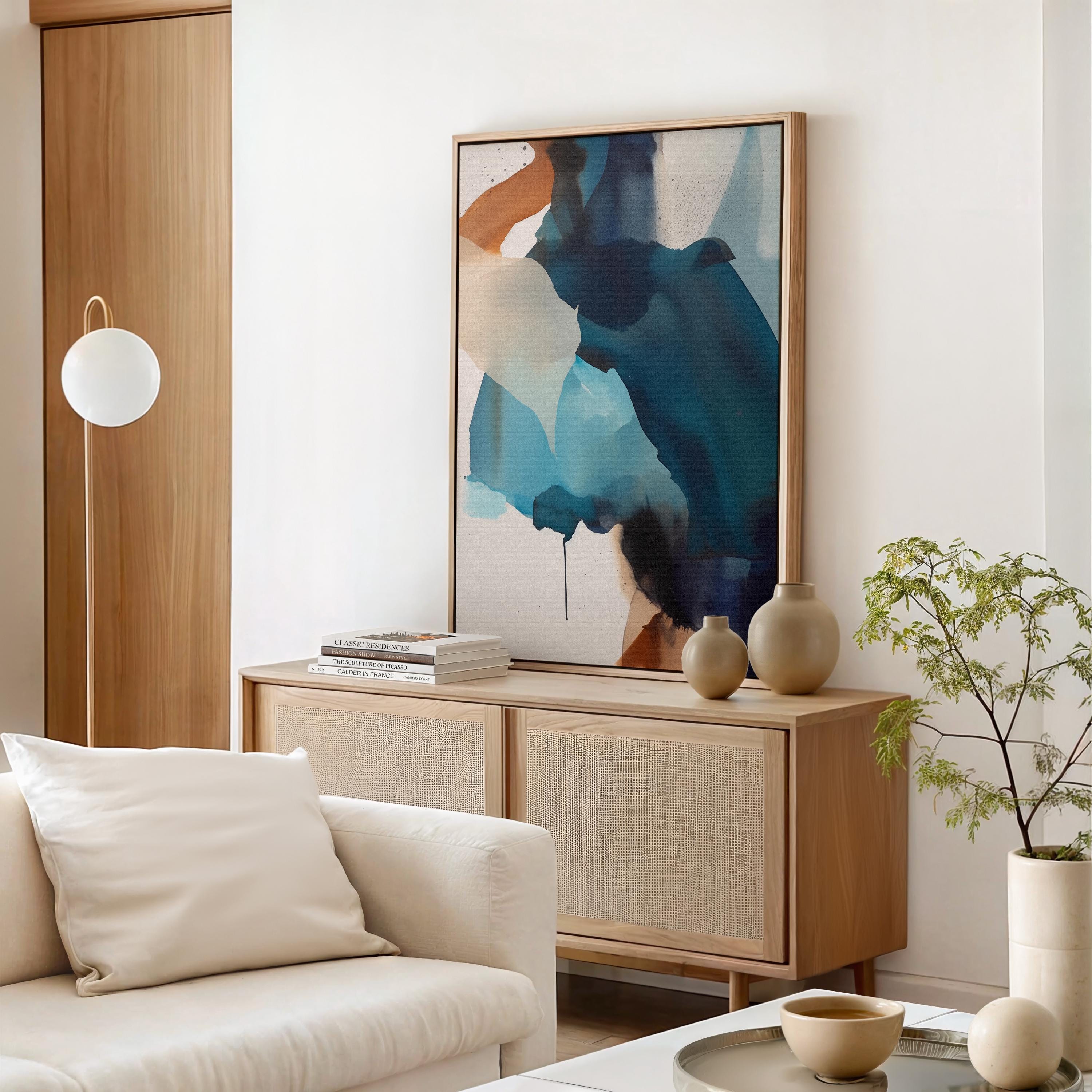 Framed Wall Art Modern Abstract Blue Teal Vertical Contemporary Bold Painting Minimalist Style Expressionist Artwork | Muse 445