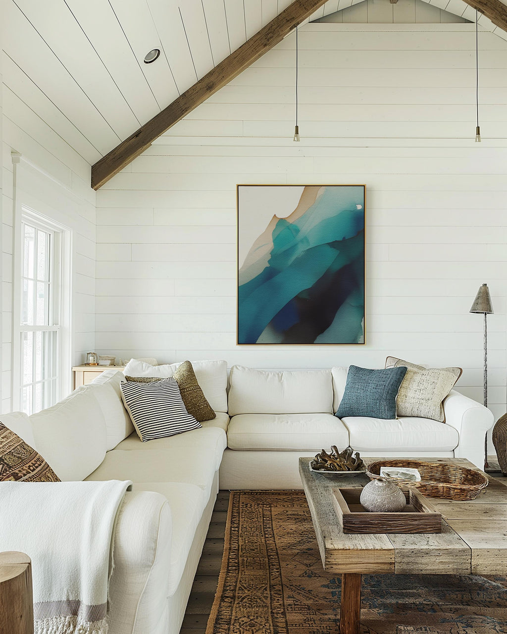 Coastal Modern Wall Art Teal Blue Canvas Vertical Abstract Painting Calm Contemporary Decor for Bedroom Living Room Office | Muse 446