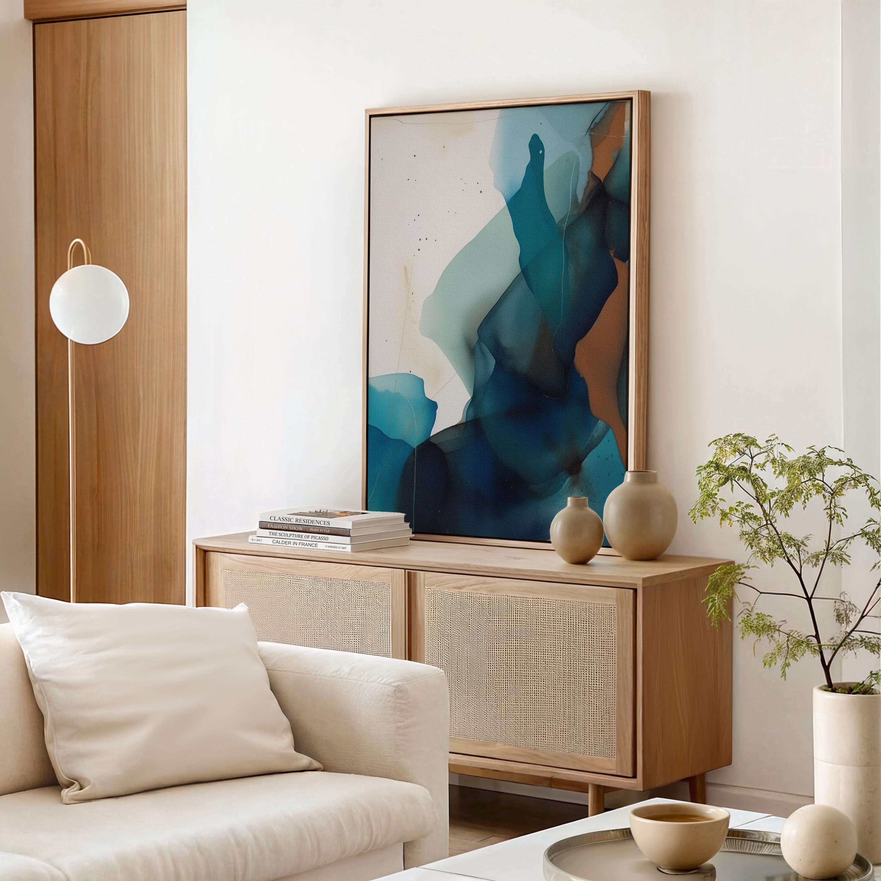 Coastal Modern Abstract Wall Art Teal Navy Canvas Vertical Painting Tranquil Color Pop Decor for Living Room Bedroom Office | Aurora 447