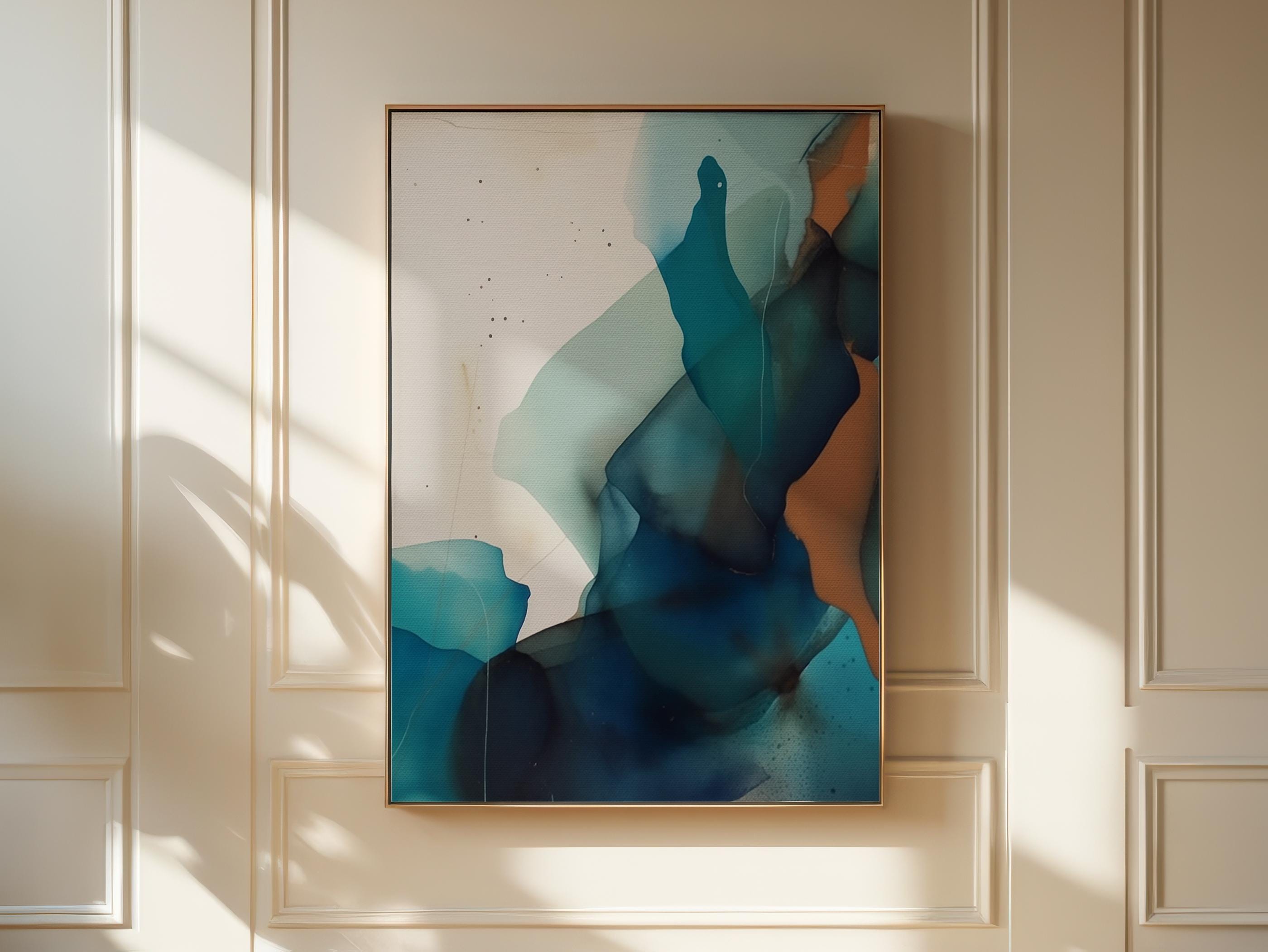 Coastal Modern Abstract Wall Art Teal Navy Canvas Vertical Painting Tranquil Color Pop Decor for Living Room Bedroom Office | Aurora 447