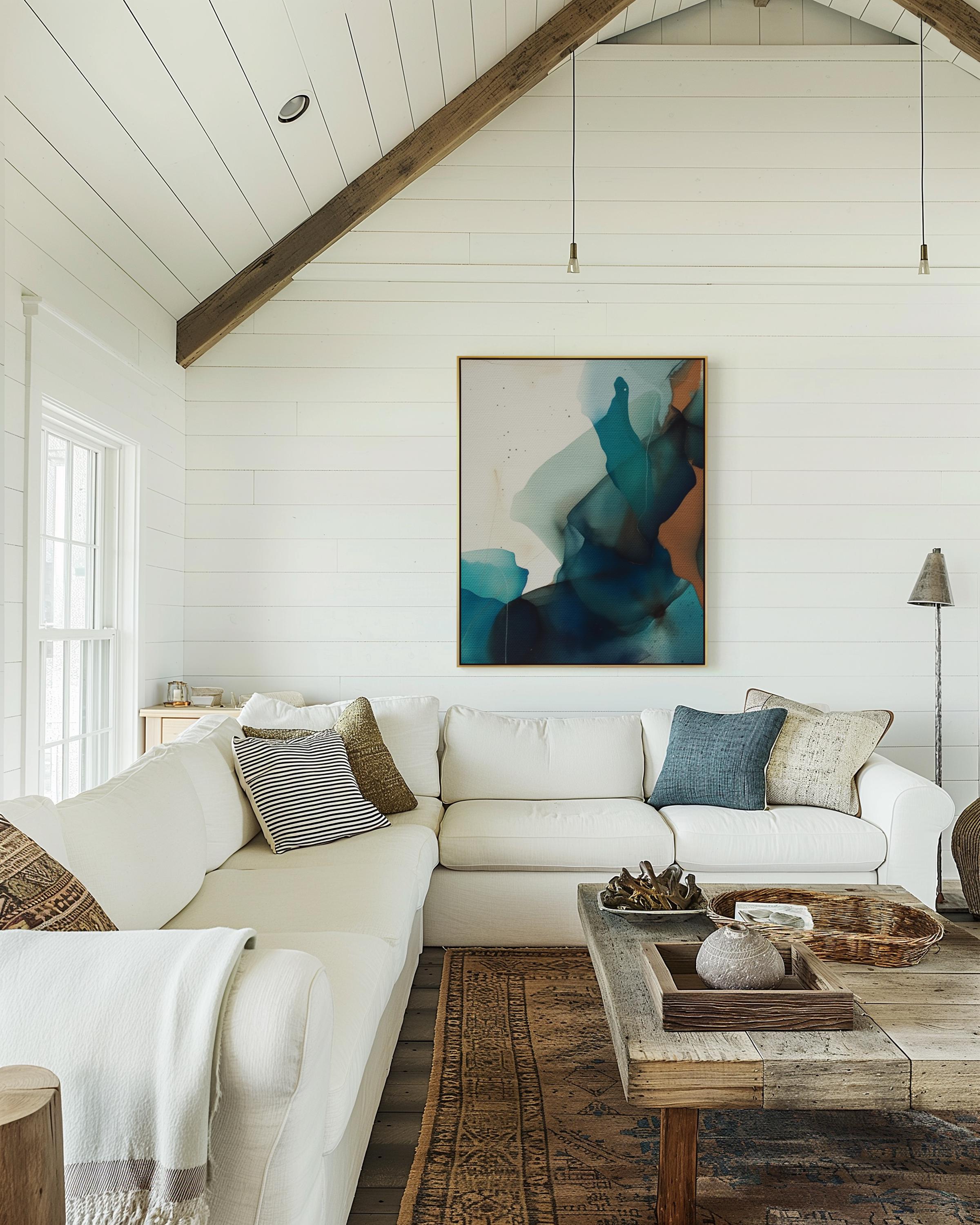 Coastal Modern Abstract Wall Art Teal Navy Canvas Vertical Painting Tranquil Color Pop Decor for Living Room Bedroom Office | Aurora 447