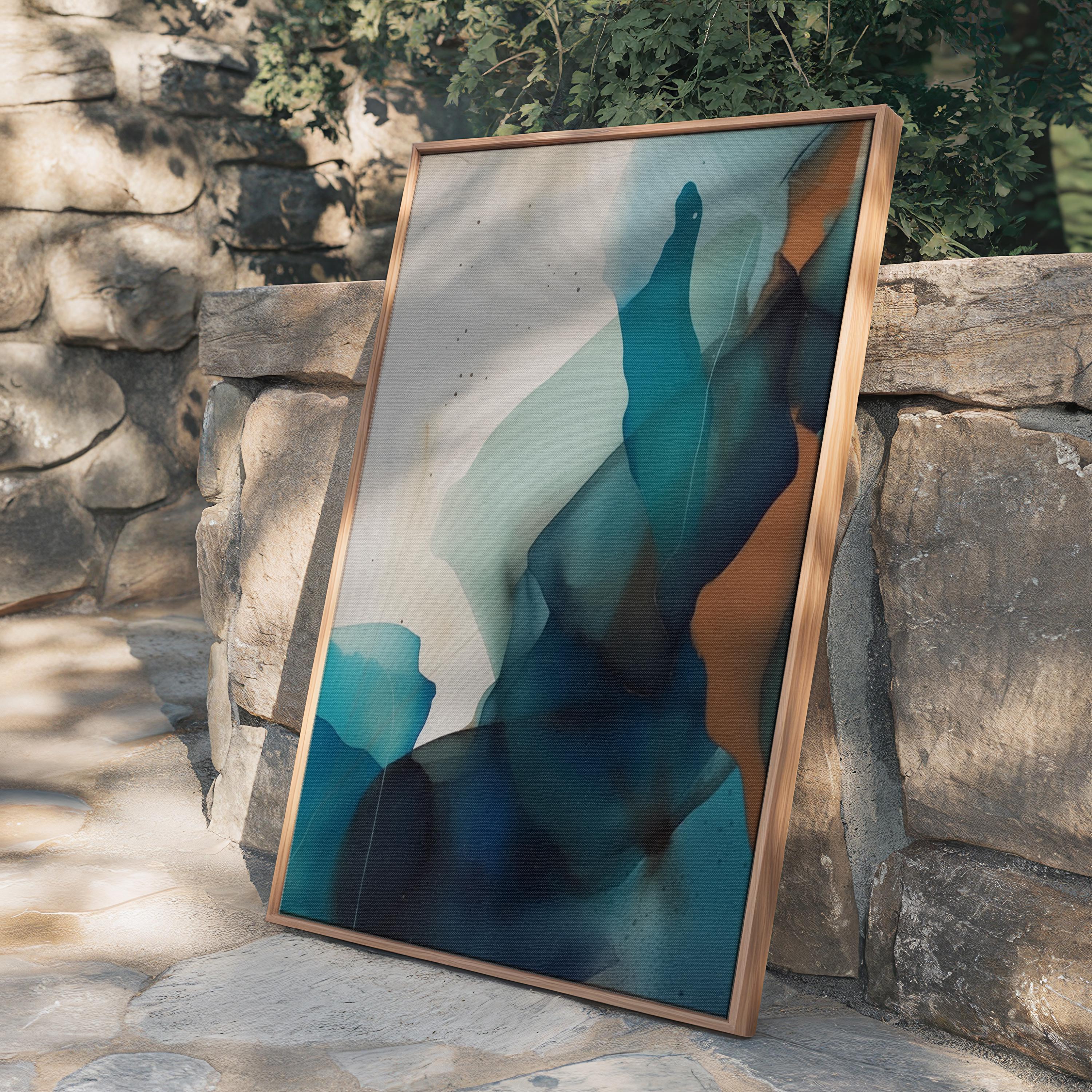 Coastal Modern Abstract Wall Art Teal Navy Canvas Vertical Painting Tranquil Color Pop Decor for Living Room Bedroom Office | Aurora 447