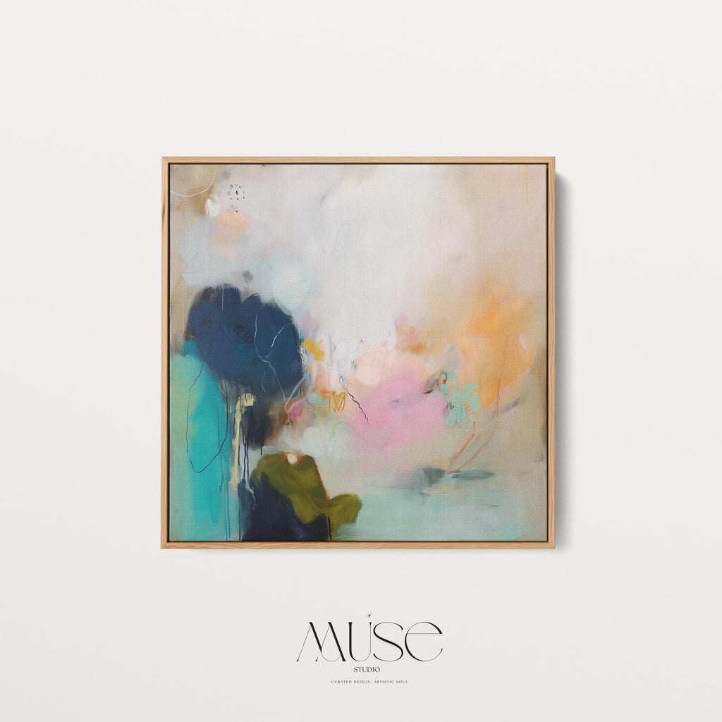 Soft Abstract Wall Art in Teal Blush Green and Sandy Beige Modern Large Canvas Painting for Living Room Bedroom or Office Decor | Muse 448 Framed Canvas Art Colorful abstract wall art on framed canvas, perfect for bold decor art and modern wall decor. Large statement piece with expressive brushstrokes and rich textures. Ready-to-hang giclée canvas designed to energize living rooms, offices, and curated interiors. Muse Studio Decor Art.