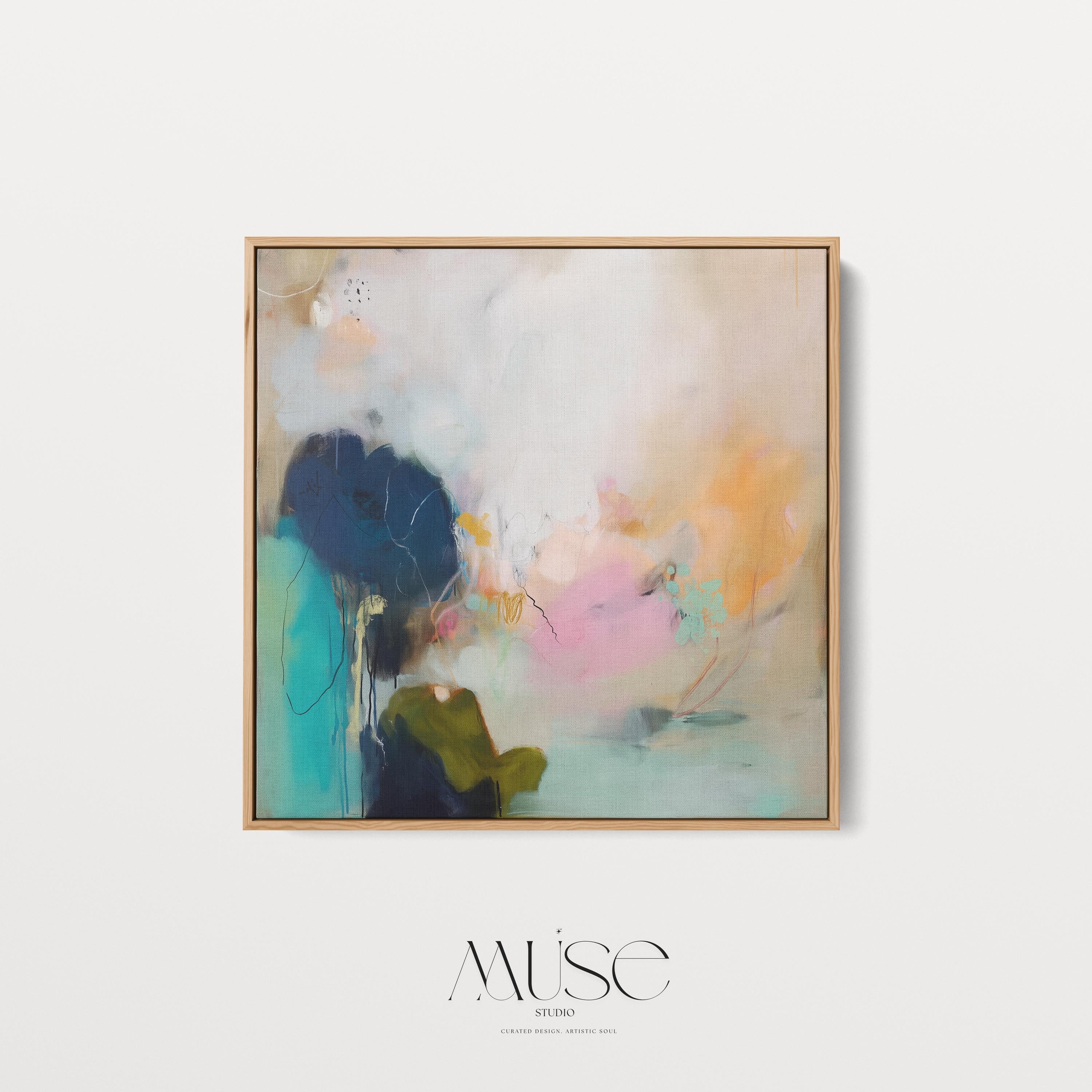 Soft Abstract Wall Art in Teal Blush Green and Sandy Beige Modern Large Canvas Painting for Living Room Bedroom or Office Decor | Muse 448 Framed Canvas Art Colorful abstract wall art on framed canvas, perfect for bold decor art and modern wall decor. Large statement piece with expressive brushstrokes and rich textures. Ready-to-hang giclée canvas designed to energize living rooms, offices, and curated interiors. Muse Studio Decor Art.