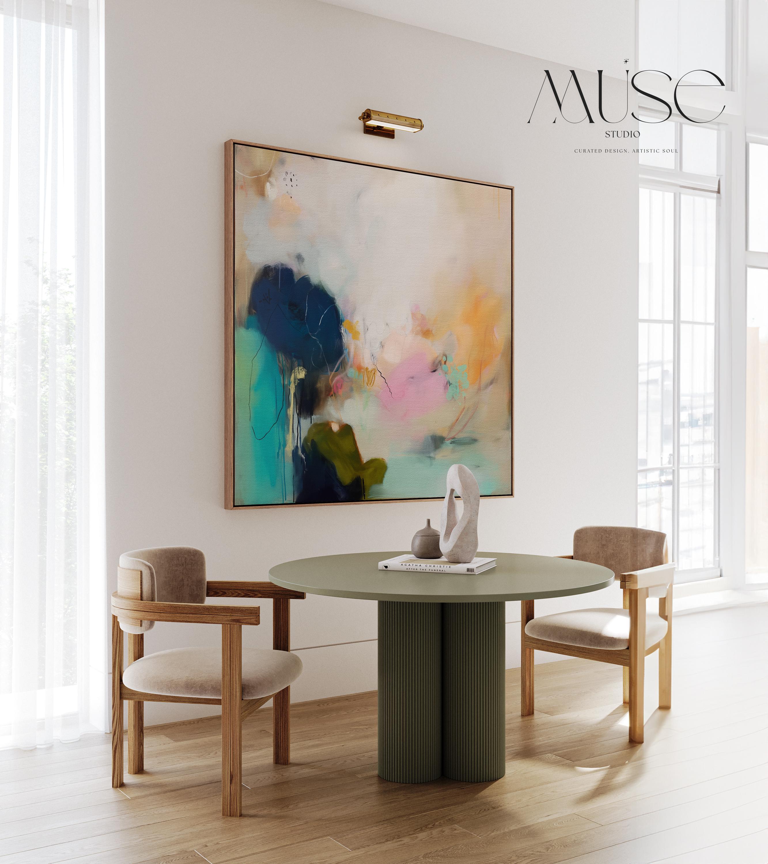 Soft Abstract Wall Art in Teal Blush Green and Sandy Beige Modern Large Canvas Painting for Living Room Bedroom or Office Decor | Muse 448 Framed Canvas Art Colorful abstract wall art on framed canvas, perfect for bold decor art and modern wall decor. Large statement piece with expressive brushstrokes and rich textures. Ready-to-hang giclée canvas designed to energize living rooms, offices, and curated interiors. Muse Studio Decor Art.