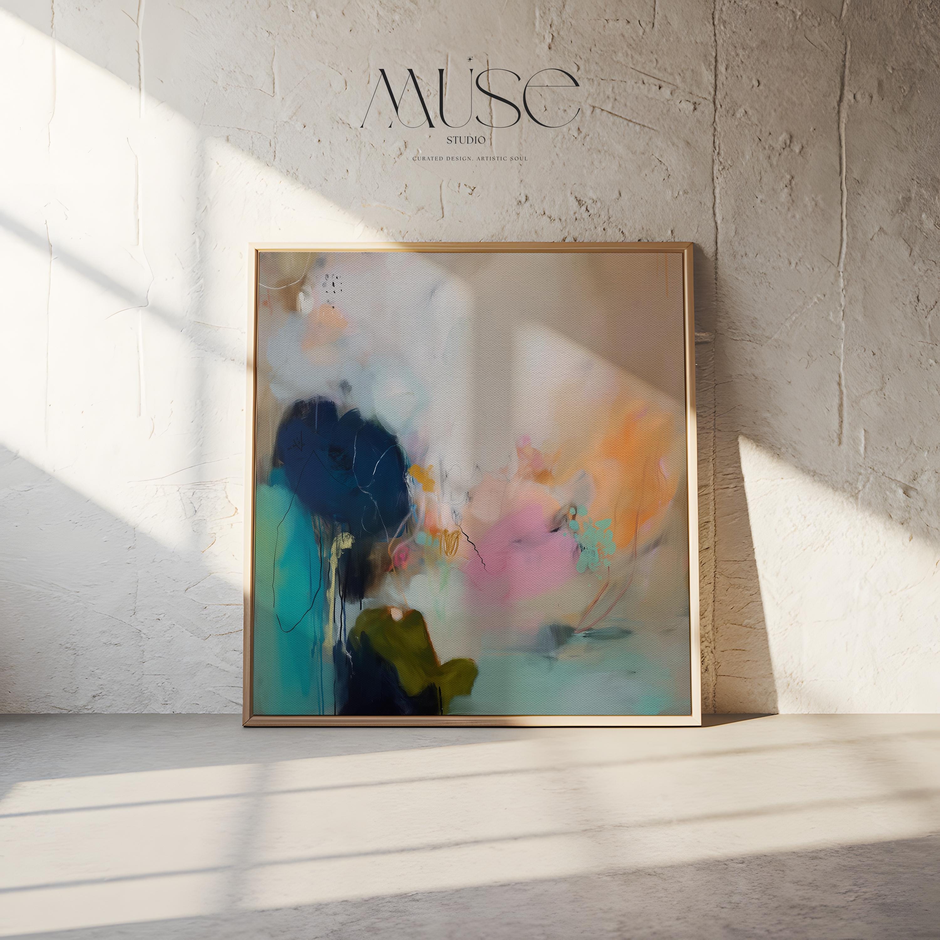 Soft Abstract Wall Art in Teal Blush Green and Sandy Beige Modern Large Canvas Painting for Living Room Bedroom or Office Decor | Muse 448 Framed Canvas Art Colorful abstract wall art on framed canvas, perfect for bold decor art and modern wall decor. Large statement piece with expressive brushstrokes and rich textures. Ready-to-hang giclée canvas designed to energize living rooms, offices, and curated interiors. Muse Studio Decor Art.