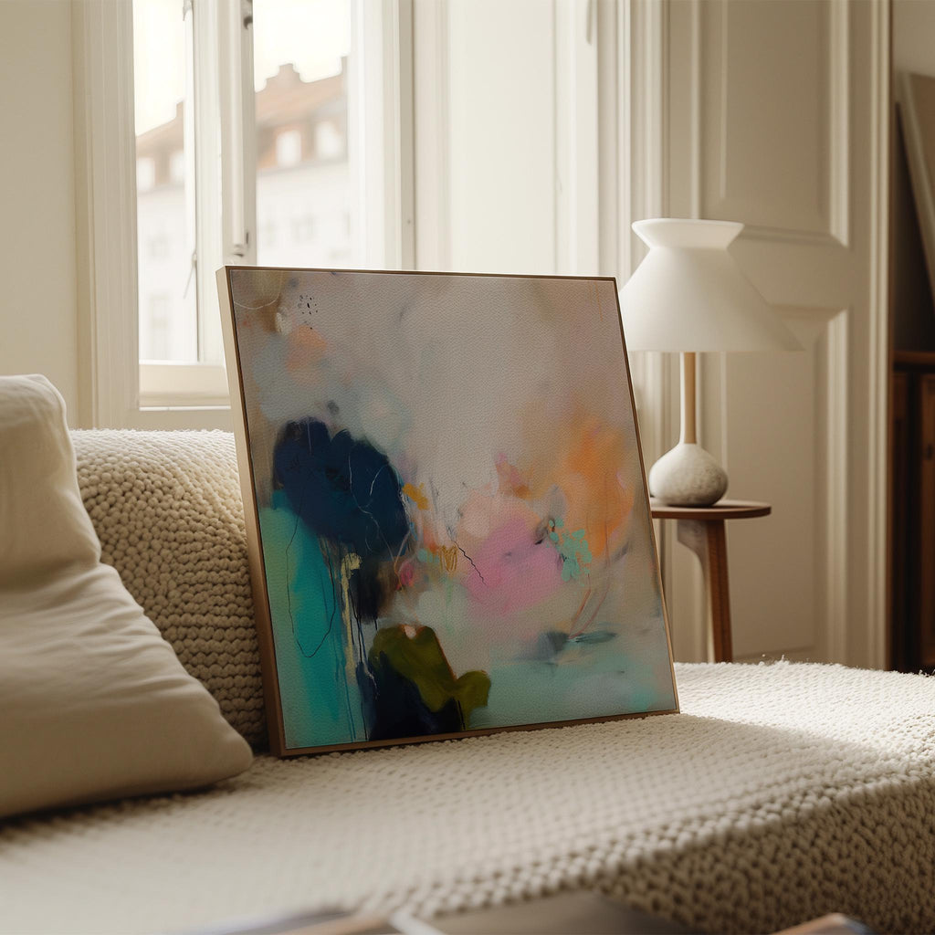 Soft Abstract Wall Art in Teal Blush Green and Sandy Beige Modern Large Canvas Painting for Living Room Bedroom or Office Decor | Muse 448
