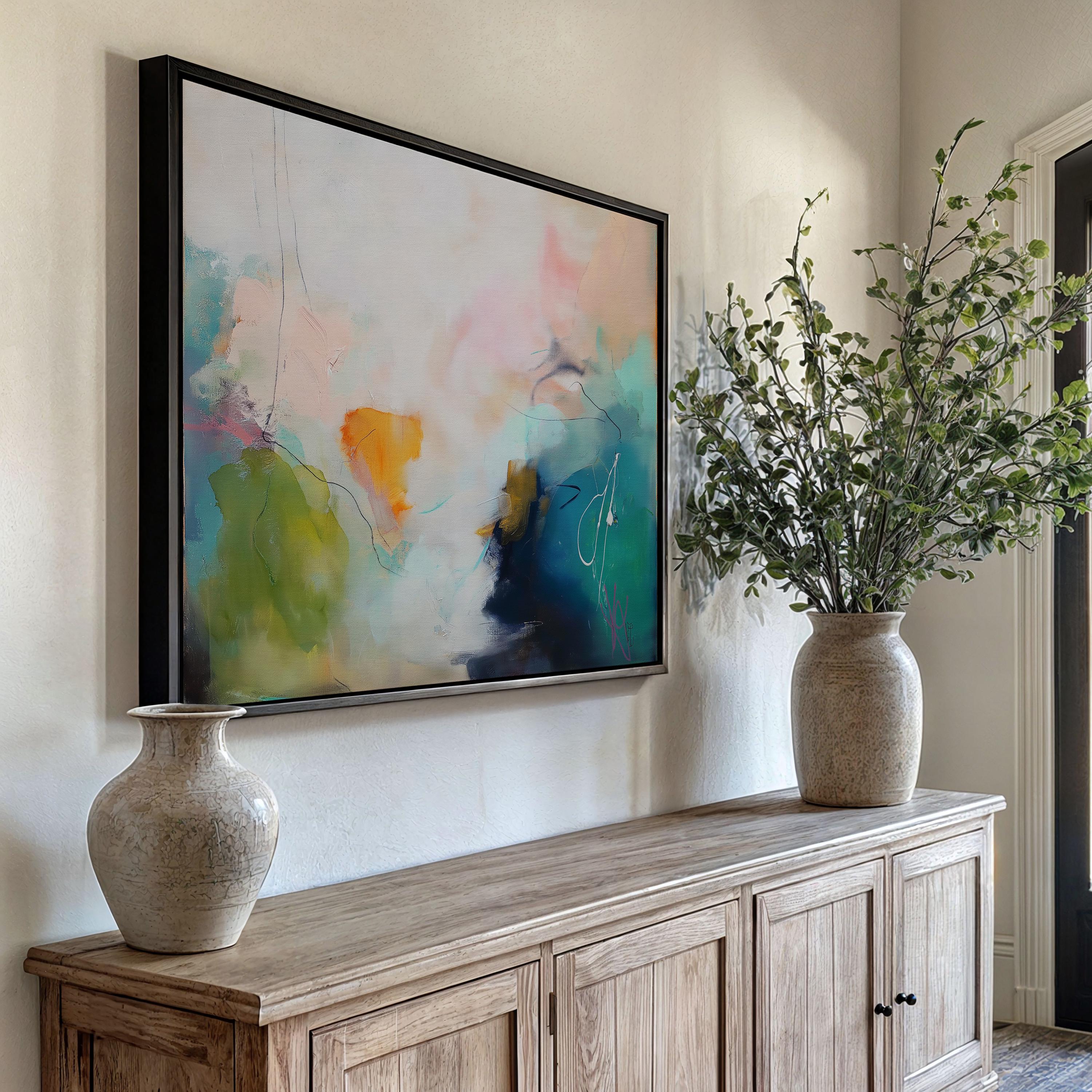 Soft Abstract Wall Art in Green Teal Blue and Blush Modern Large Canvas Painting for Living Room Bedroom or Office Decor | Muse 449 Framed Canvas Art Colorful abstract wall art on framed canvas, perfect for bold decor art and modern wall decor. Large statement piece with expressive brushstrokes and rich textures. Ready-to-hang giclée canvas designed to energize living rooms, offices, and curated interiors. Muse Studio Decor Art.
