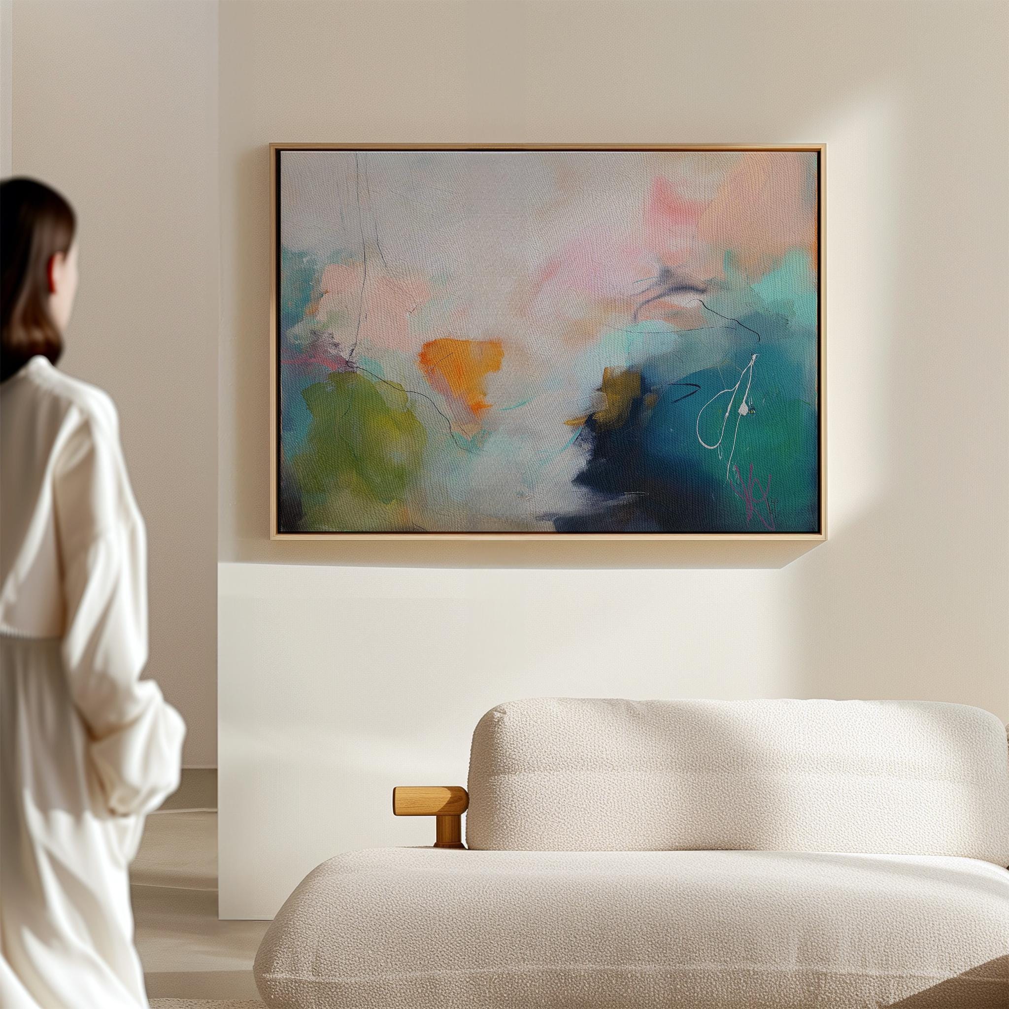 Soft Abstract Wall Art in Green Teal Blue and Blush Modern Large Canvas Painting for Living Room Bedroom or Office Decor | Muse 449 Framed Canvas Art Colorful abstract wall art on framed canvas, perfect for bold decor art and modern wall decor. Large statement piece with expressive brushstrokes and rich textures. Ready-to-hang giclée canvas designed to energize living rooms, offices, and curated interiors. Muse Studio Decor Art.