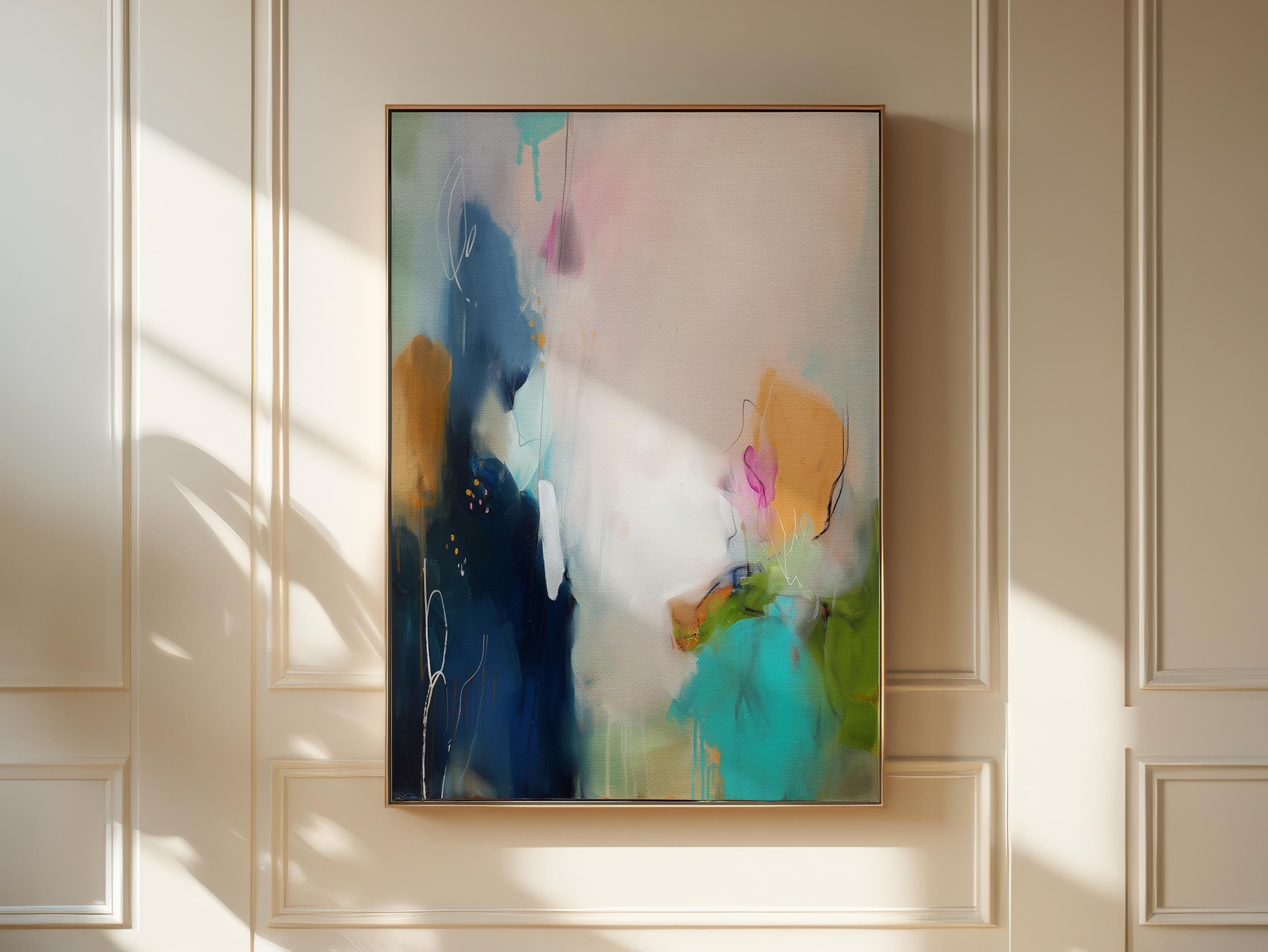 Soft Abstract Wall Art in Navy Teal Blush and Green Modern Vertical Canvas Painting for Living Room Bedroom or Office Decor | Aurora 450 Framed Canvas Art Colorful abstract wall art on framed canvas, perfect for bold decor art and modern wall decor. Large statement piece with expressive brushstrokes and rich textures. Ready-to-hang giclée canvas designed to energize living rooms, offices, and curated interiors. Muse Studio Decor Art.