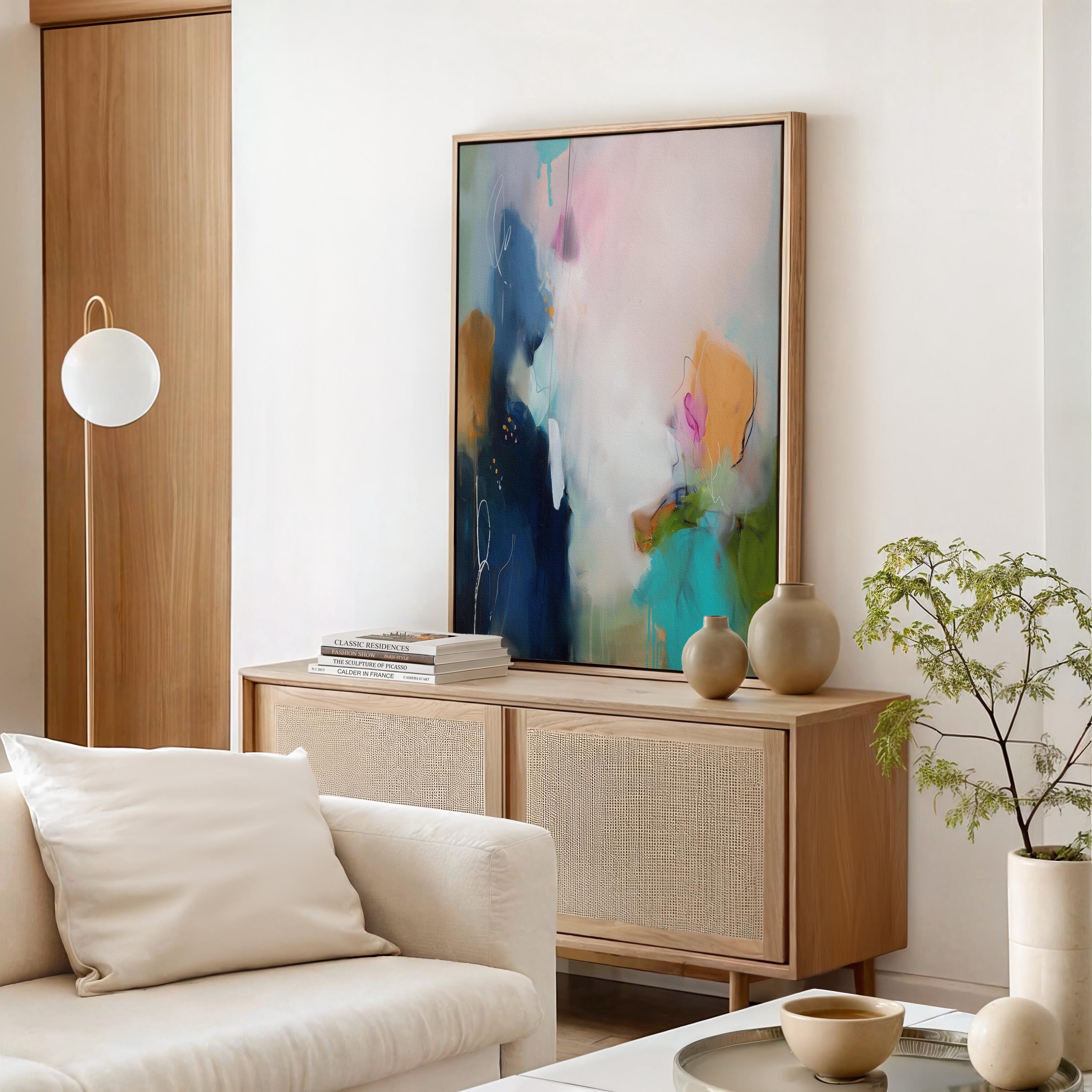 Soft Abstract Wall Art in Navy Teal Blush and Green Modern Vertical Canvas Painting for Living Room Bedroom or Office Decor | Aurora 450 Framed Canvas Art Colorful abstract wall art on framed canvas, perfect for bold decor art and modern wall decor. Large statement piece with expressive brushstrokes and rich textures. Ready-to-hang giclée canvas designed to energize living rooms, offices, and curated interiors. Muse Studio Decor Art.
