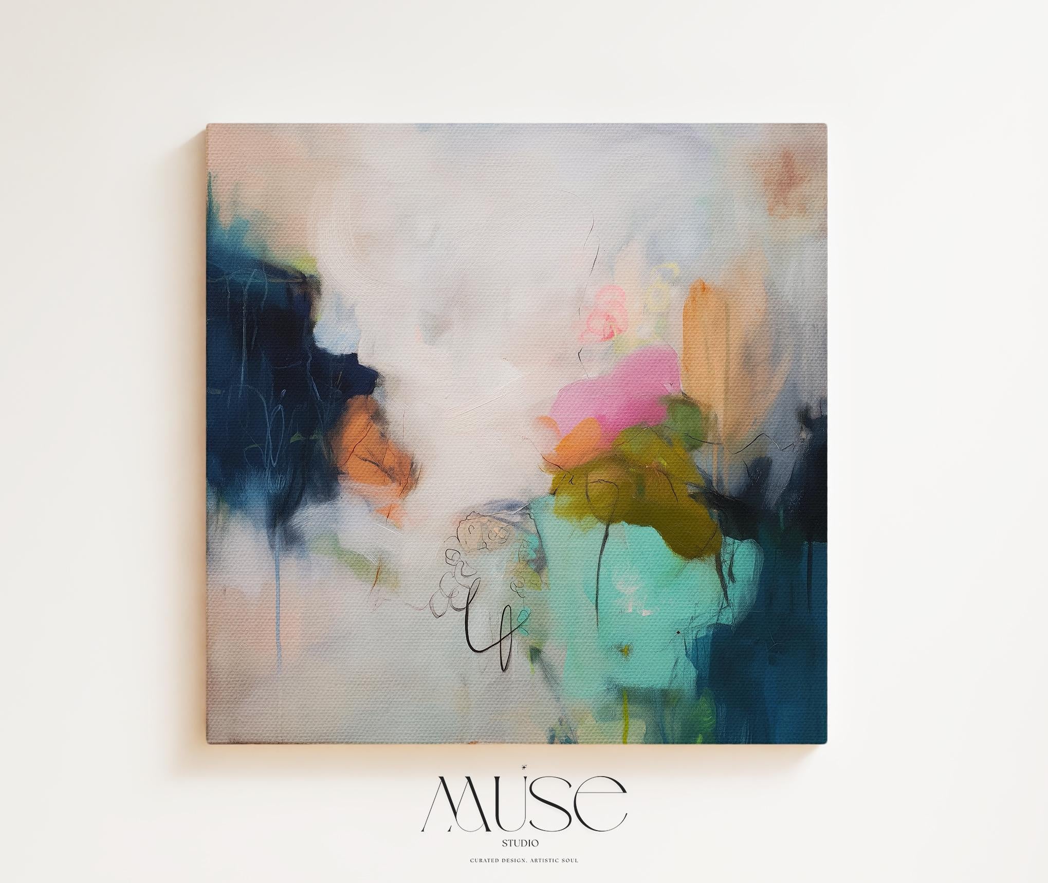 Soft Abstract Wall Art in Blush Pink Green and Navy Modern Square Canvas Painting for Living Room Bedroom or Office Decor | Muse 451 Framed Canvas Art Colorful abstract wall art on framed canvas, perfect for bold decor art and modern wall decor. Large statement piece with expressive brushstrokes and rich textures. Ready-to-hang giclée canvas designed to energize living rooms, offices, and curated interiors. Muse Studio Decor Art.