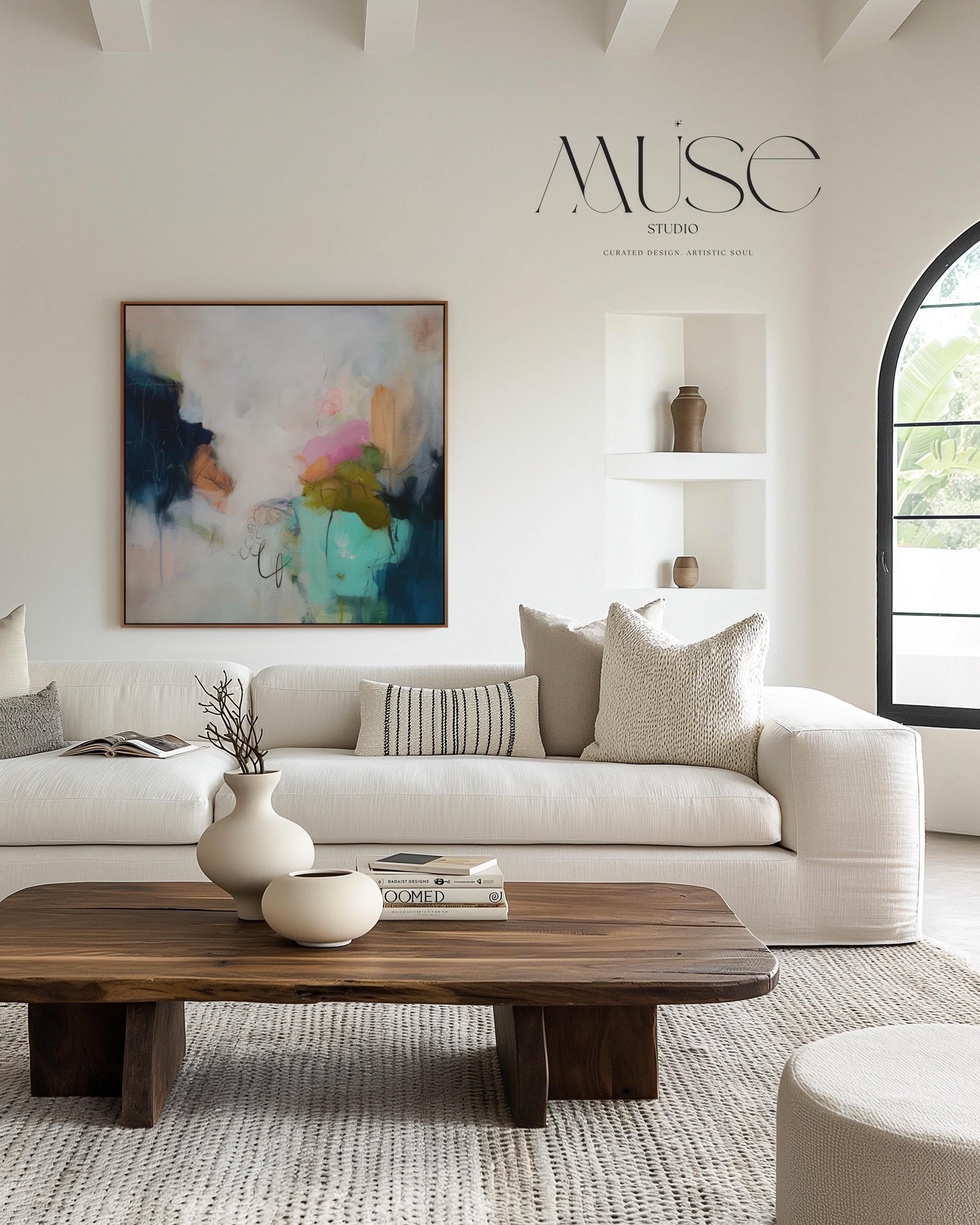 Soft Abstract Wall Art in Blush Pink Green and Navy Modern Square Canvas Painting for Living Room Bedroom or Office Decor | Muse 451 Room Staging Colorful abstract wall decor styled in a modern neutral home. Large statement wall art displayed in living room, bedroom, or office spaces. Vibrant canvas or giclée decor art adds bold visual impact to contemporary interiors, ideal for home staging, office design, and curated spaces. Muse Studio Decor Art.