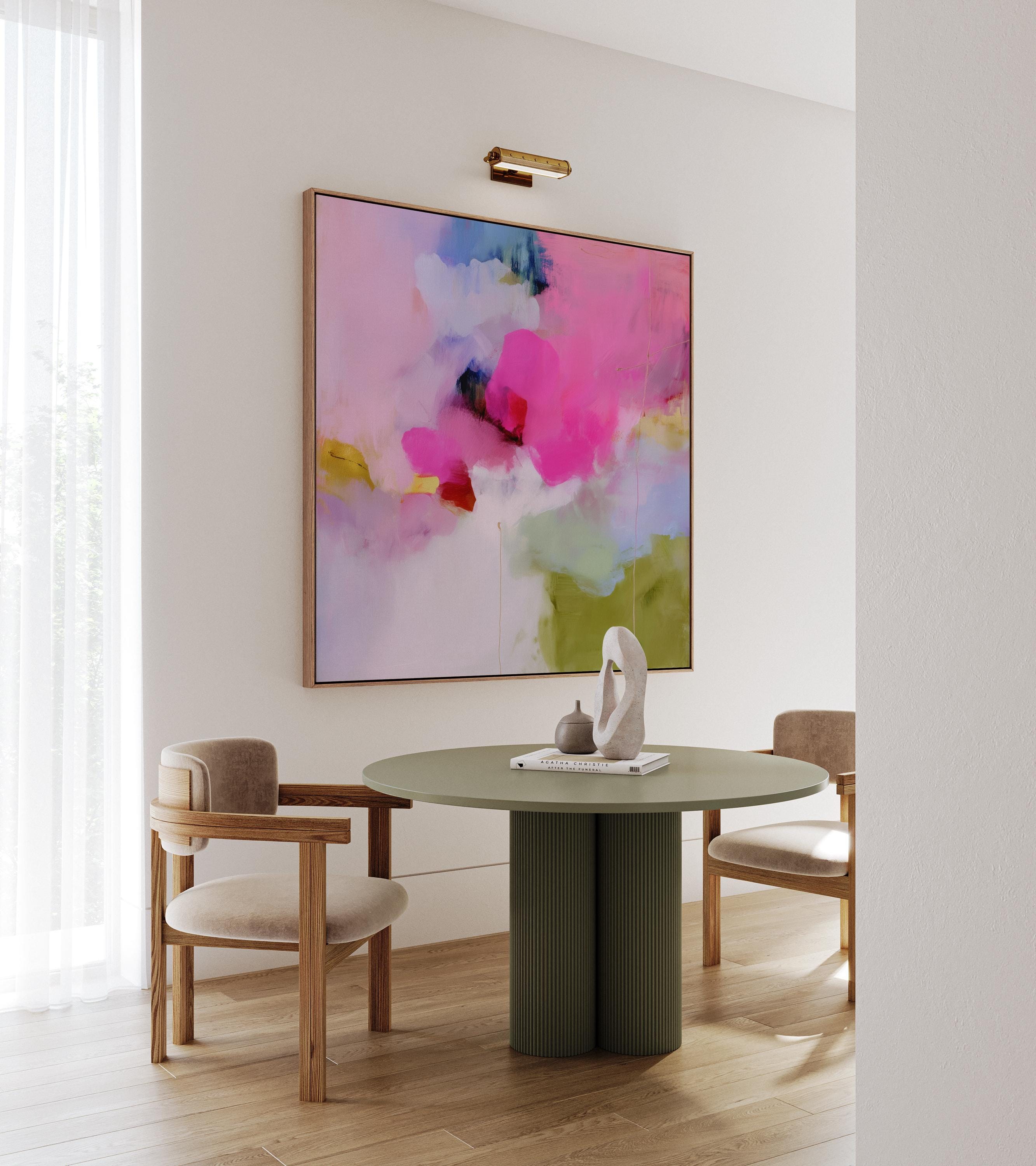 Bold Color Pop Wall Art Framed Abstract Canvas Square Pink Green Painting Modern Statement Decor for Living Room or Office 426 Colorful abstract art print on framed canvas, perfect for vibrant wall decor, modern home design, office decor, and staging projects. Large statement art featuring bold brushstrokes and colorful texture. Ready-to-hang giclée canvas adds energy to any living space.