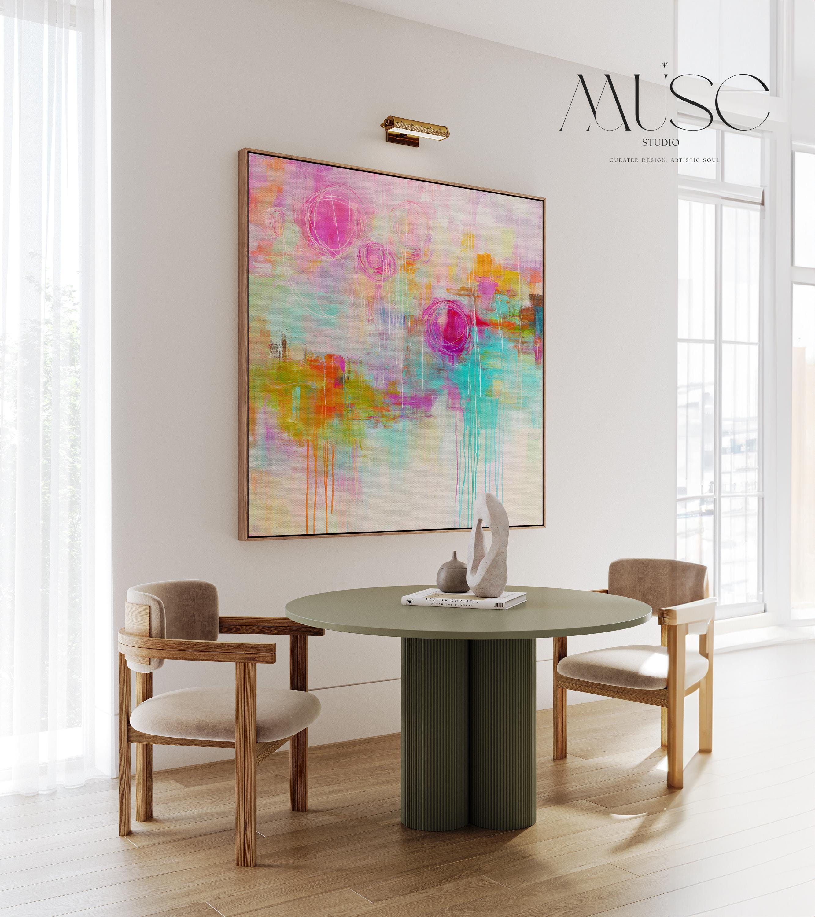 Colorful Abstract Canvas Wall Art Bright Pink Turquoise Orange Square Painting Pop Boho Decor for Living Room or Office 483
