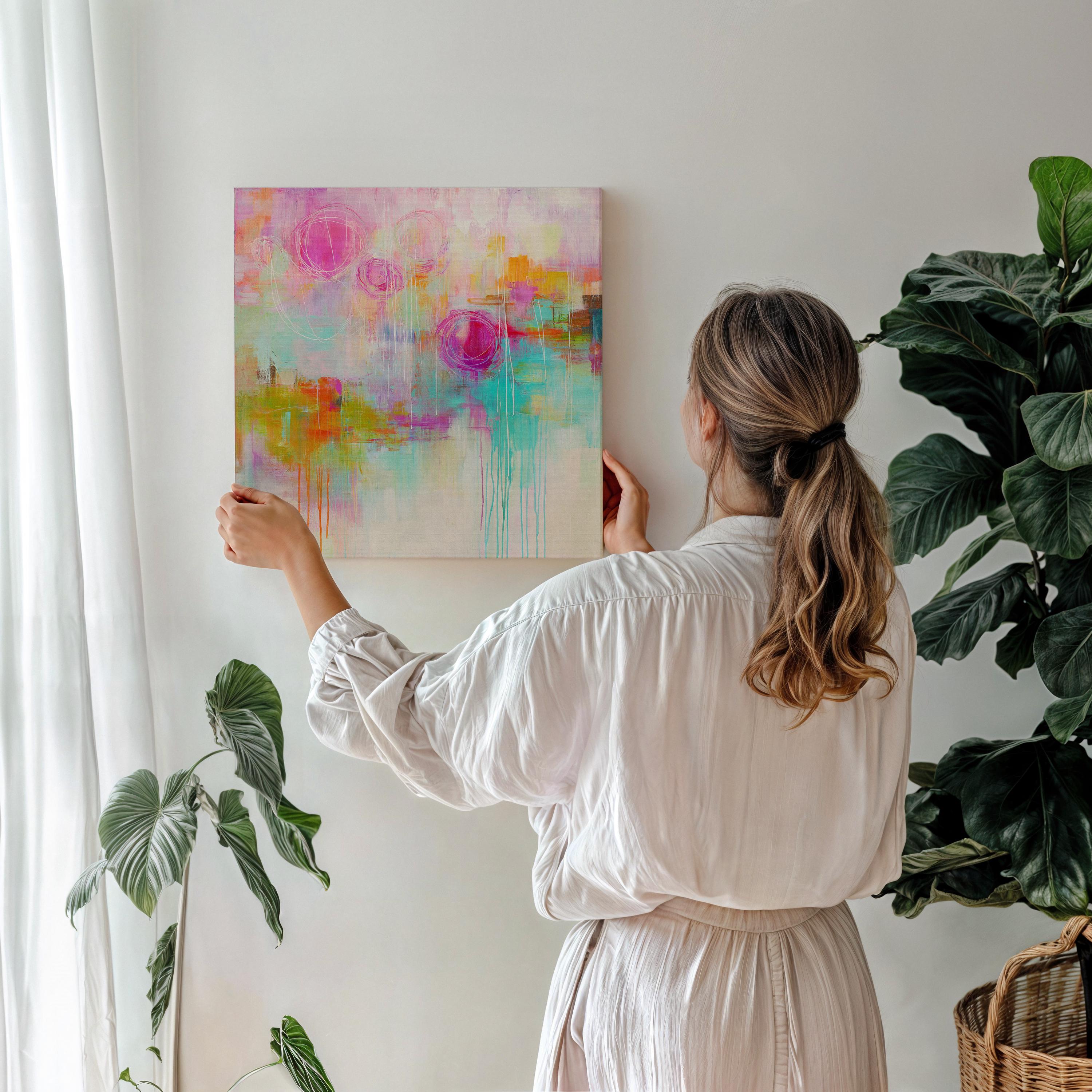Eclectic Boho Canvas Wall Art Bright Pink Aqua and Orange Abstract Square Painting Large Stretched Statement Art for Living Room 483
