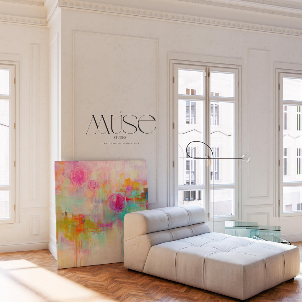 Eclectic Boho Canvas Wall Art Bright Pink Aqua and Orange Abstract Square Painting Large Stretched Statement Art for Living Room 483