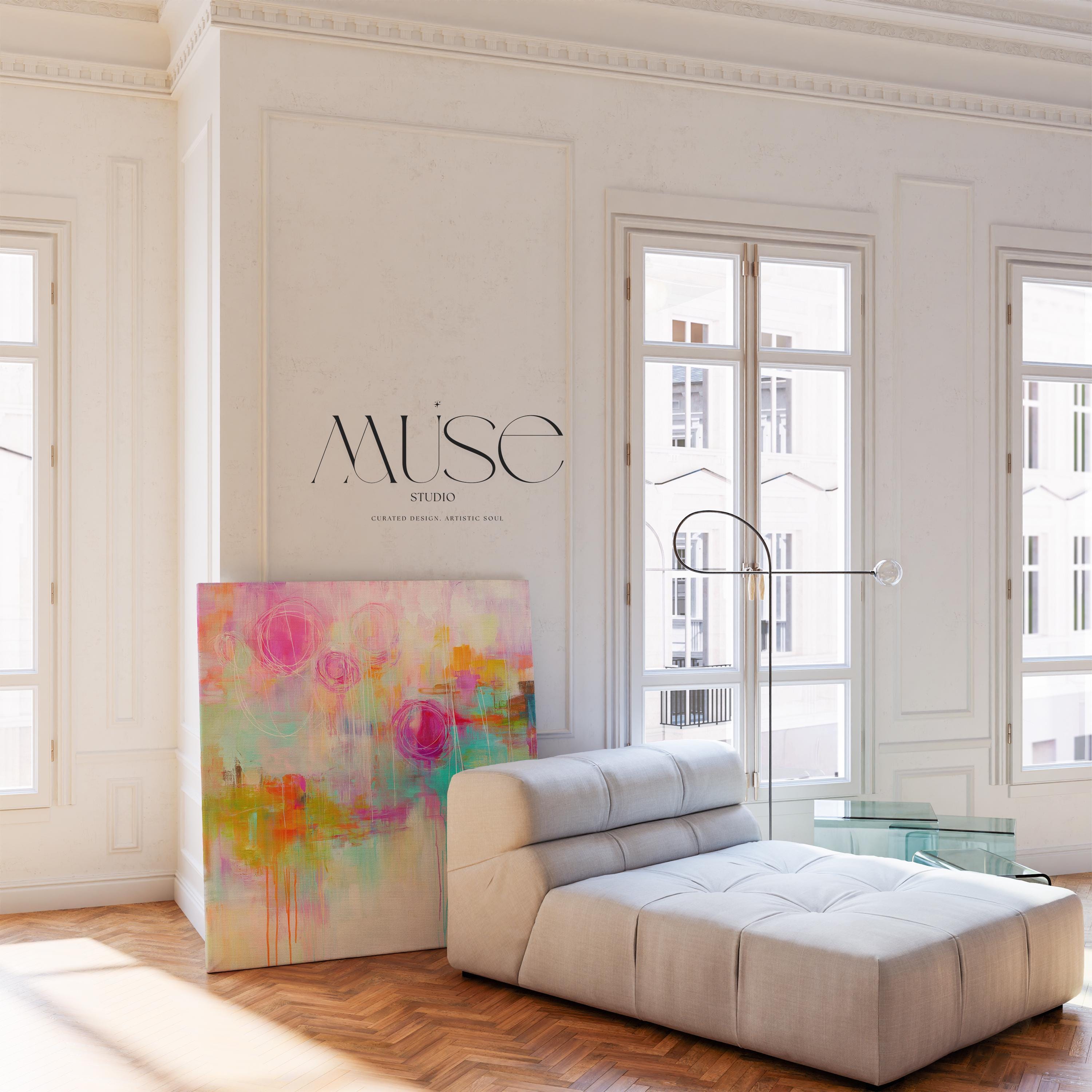 Eclectic Boho Canvas Wall Art Bright Pink Aqua and Orange Abstract Square Painting Large Stretched Statement Art for Living Room 483