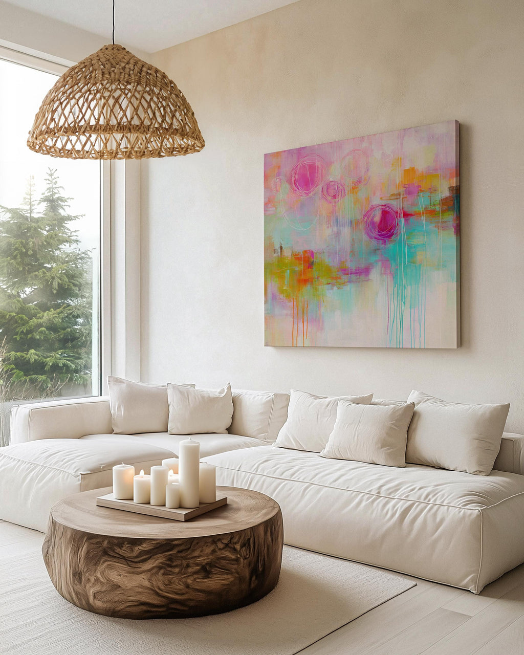 Eclectic Boho Canvas Wall Art Bright Pink Aqua and Orange Abstract Square Painting Large Stretched Statement Art for Living Room 483