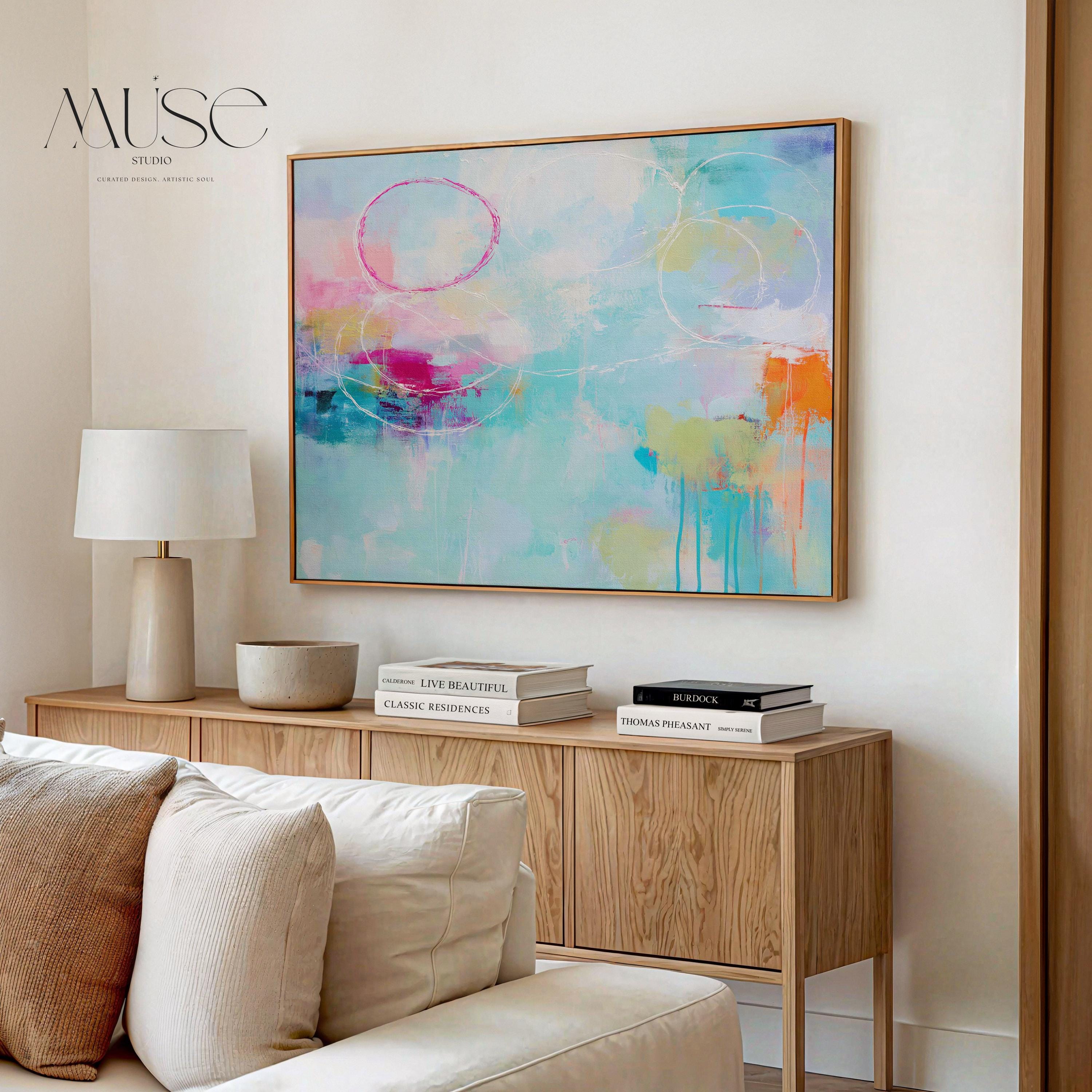Soft Contemporary Abstract Wall Art Aqua Pink and Orange Horizontal Framed Canvas Coastal Horizon Painting for Living Room or Bedroom 484